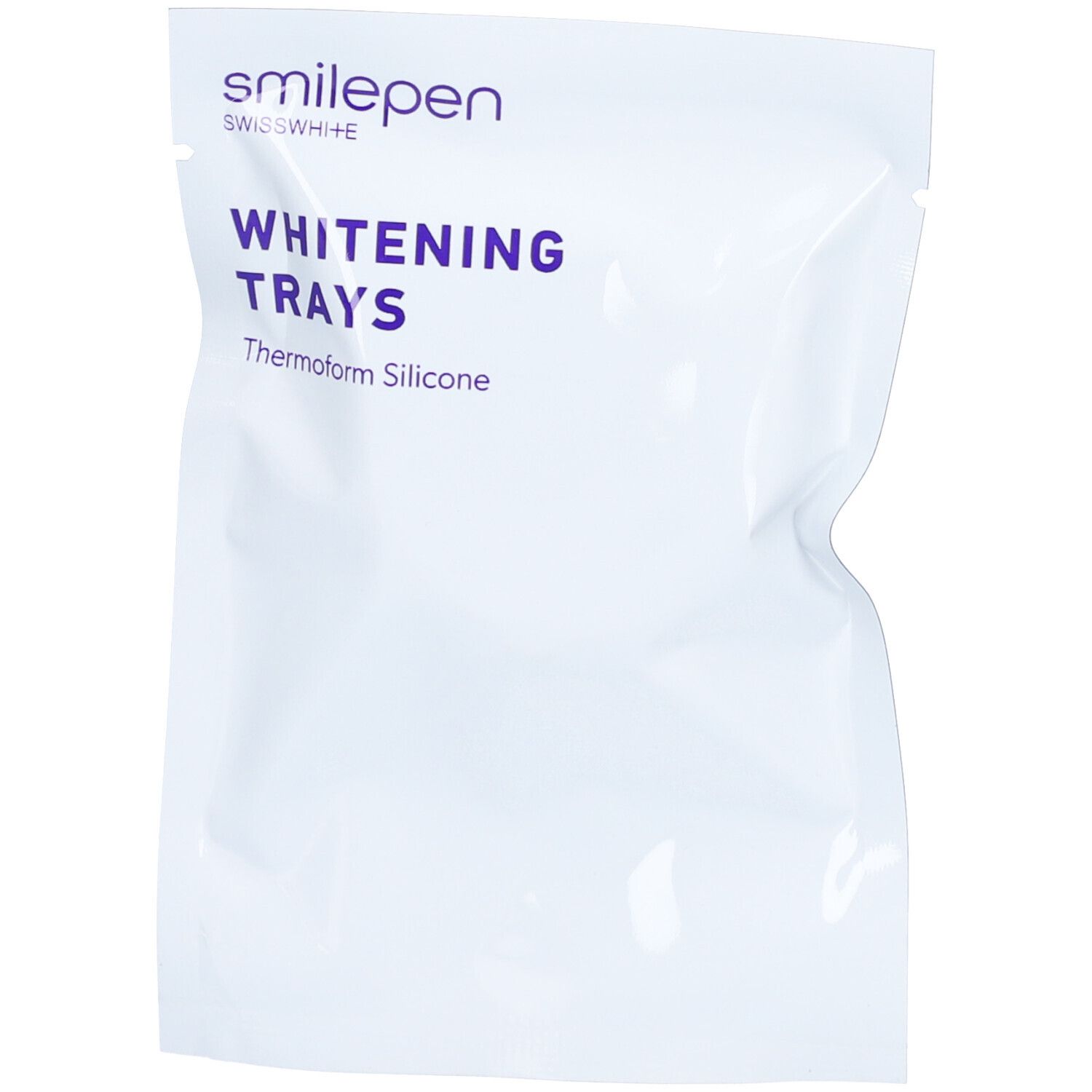 Weiße Verpackung mit "smilepen"-Logo und "Whitening Trays"-Schriftzug. "Thermoform Silicone" darunter.
