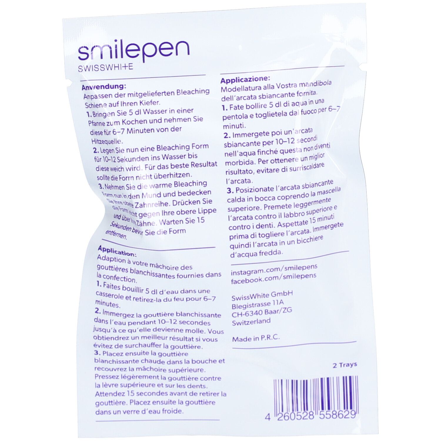 Rückseite der Verpackung mit Text in Deutsch, Französisch und Italienisch. Enthält Anweisungen und Kontaktinformationen.