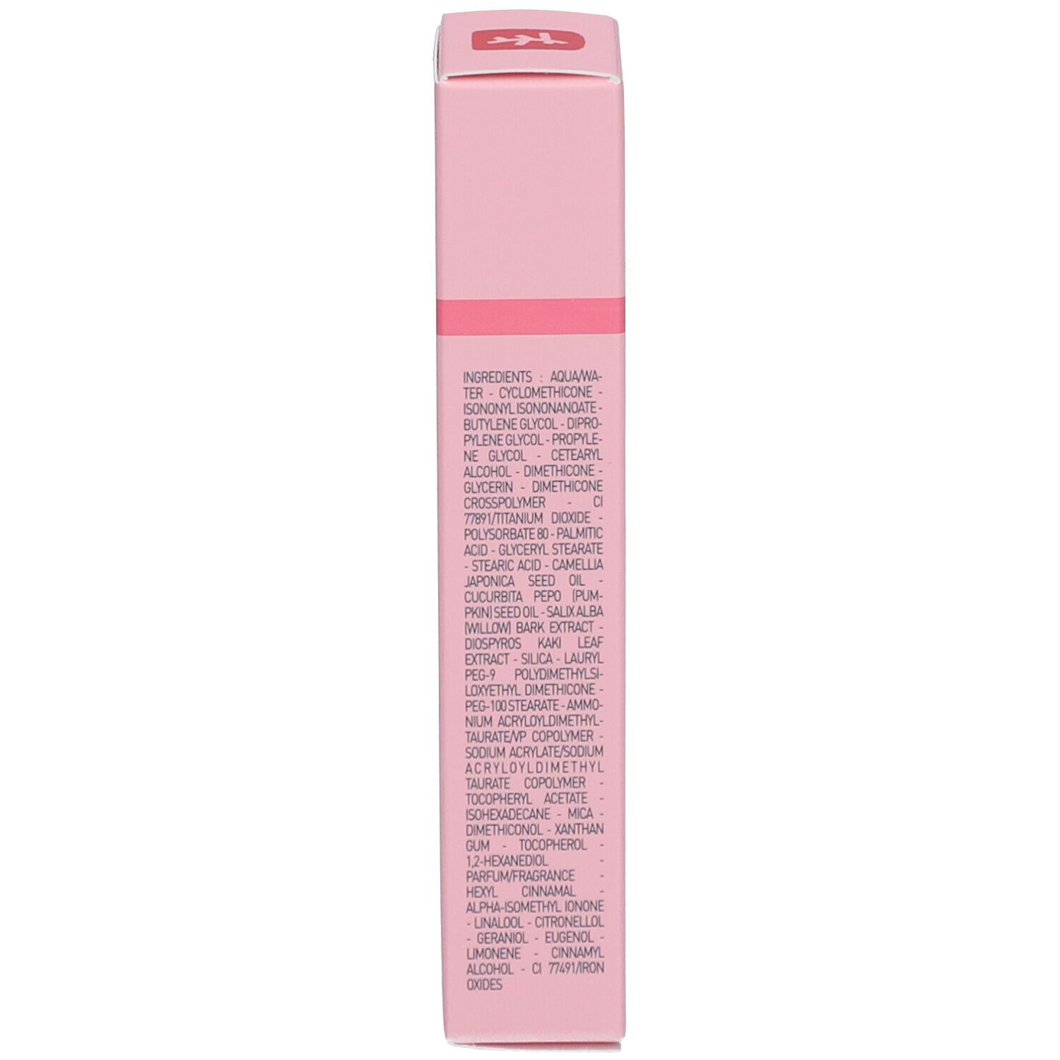 Rosa Verpackung mit Inhaltsstoffen. Text in mehreren Sprachen.