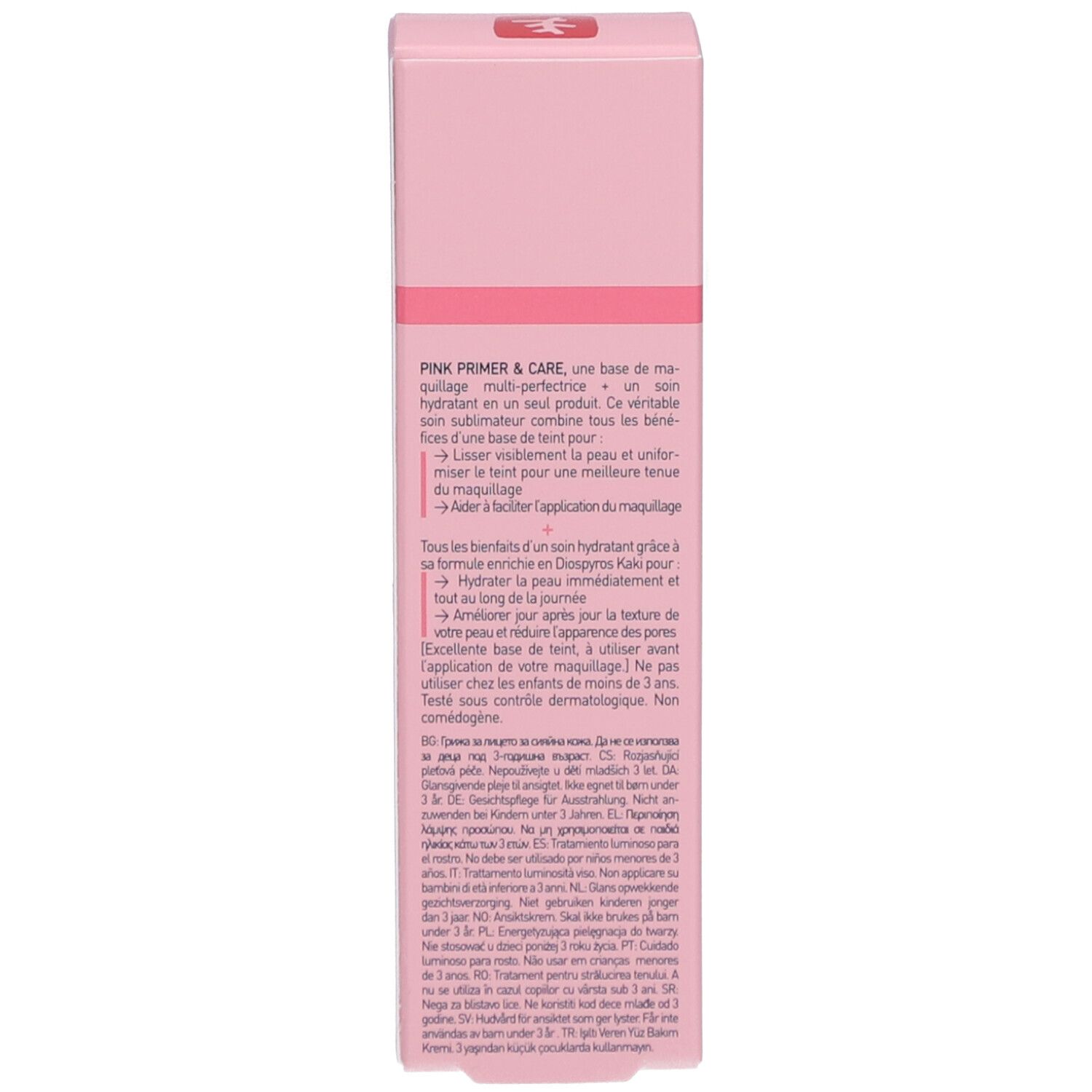 Rosa Verpackung mit Text in mehreren Sprachen. Produktbeschreibung.