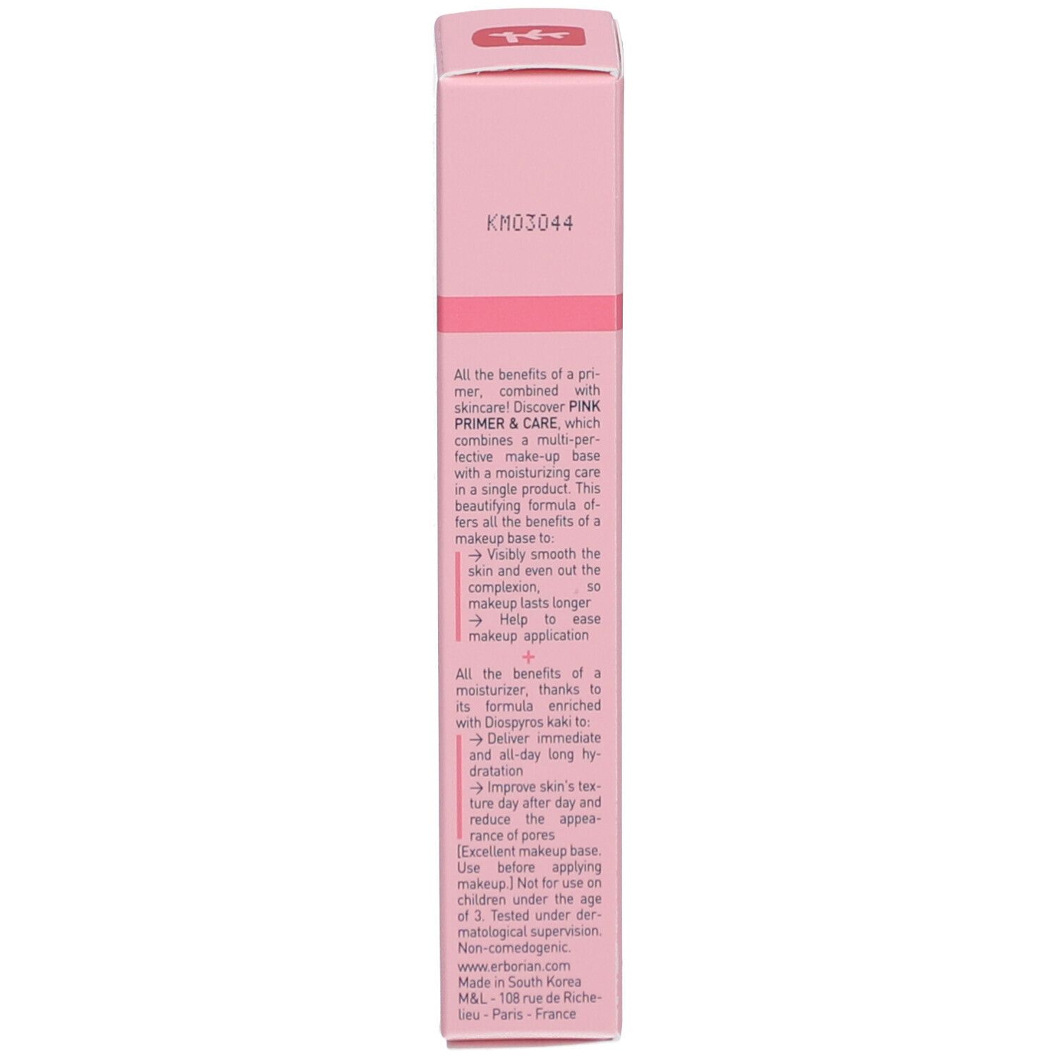 Rosa Verpackung mit Text in mehreren Sprachen. Produktinformationen.