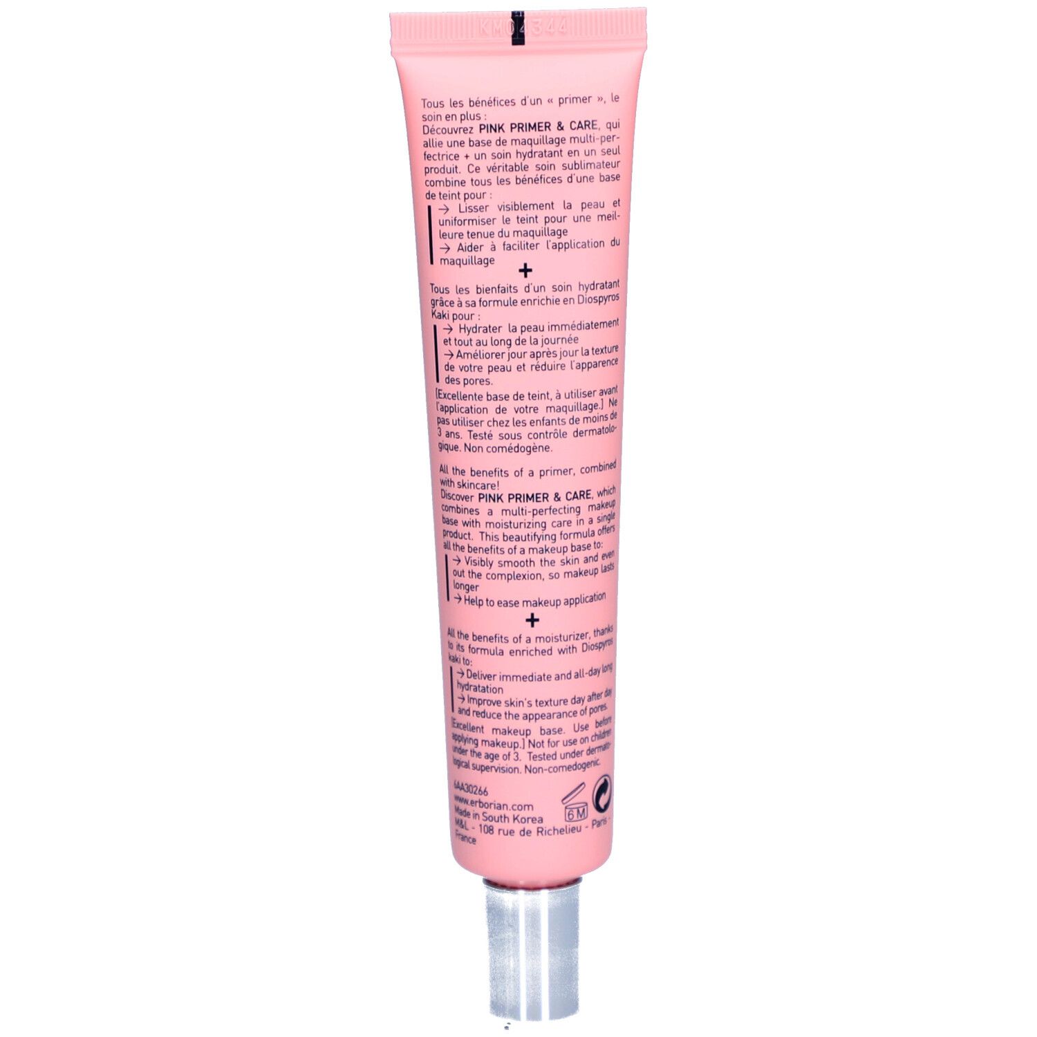 Rückseite einer rosa Tube. Text in mehreren Sprachen. Enthält Produktinformationen.