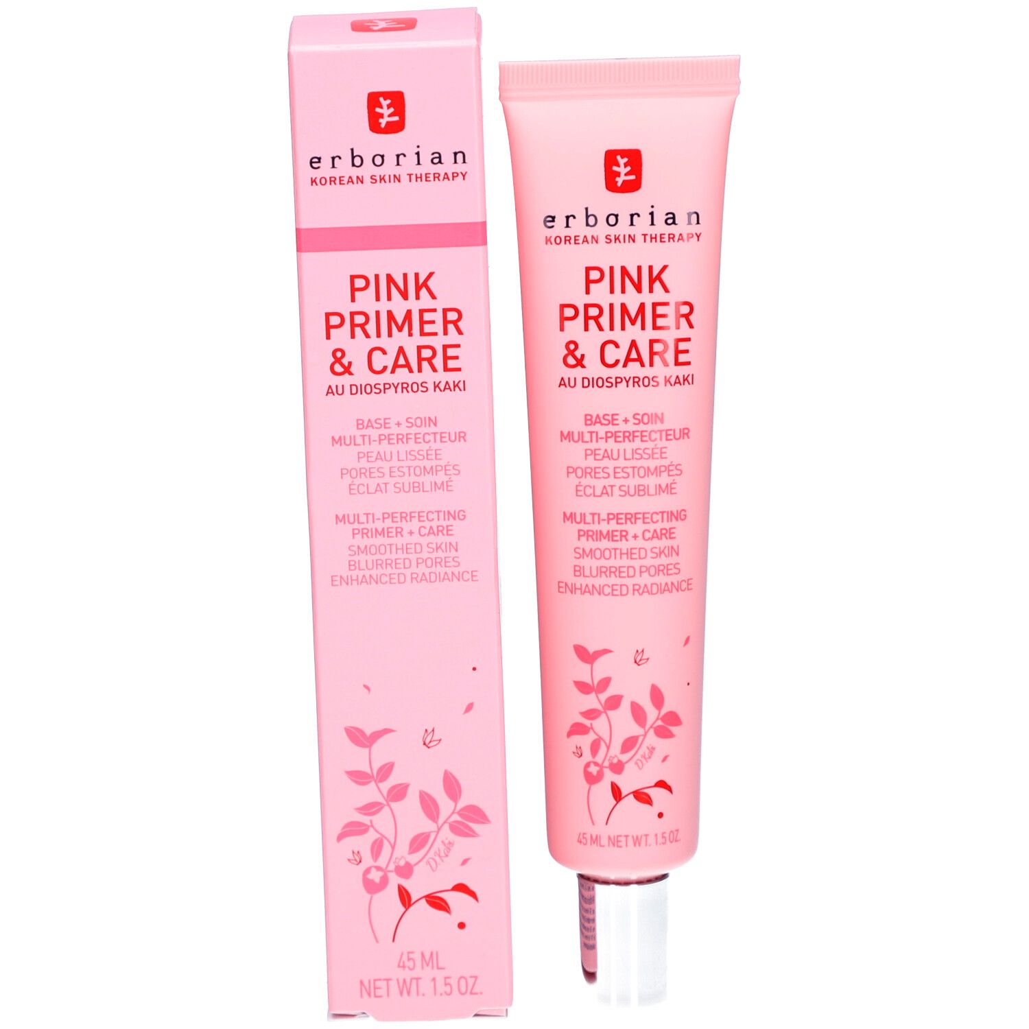 Rosa Schachtel und Tube. Produktname und Logo. Text: Pink Primer & Care. 45 ml.