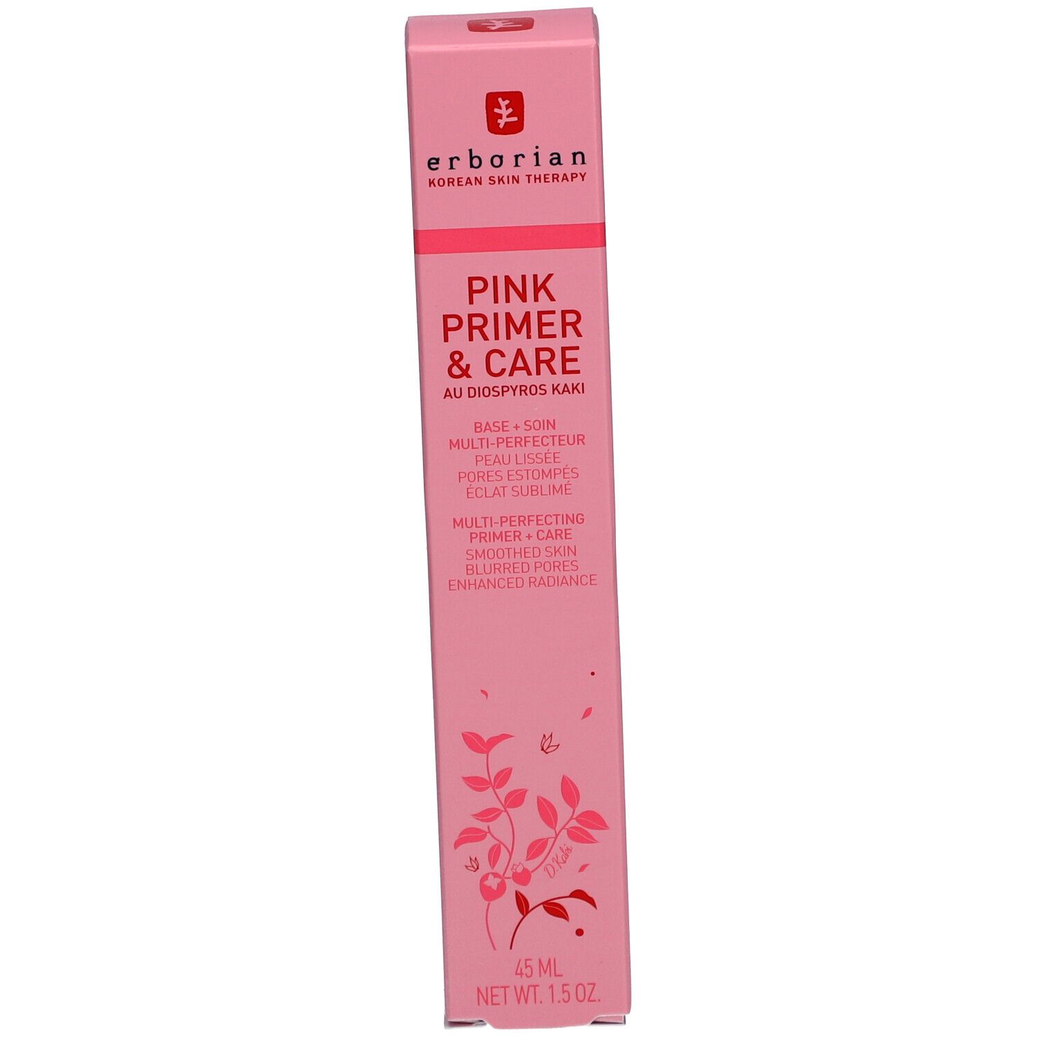 Rosa Schachtel mit Produktnamen und Logo. Text: Pink Primer & Care. 45 ml.