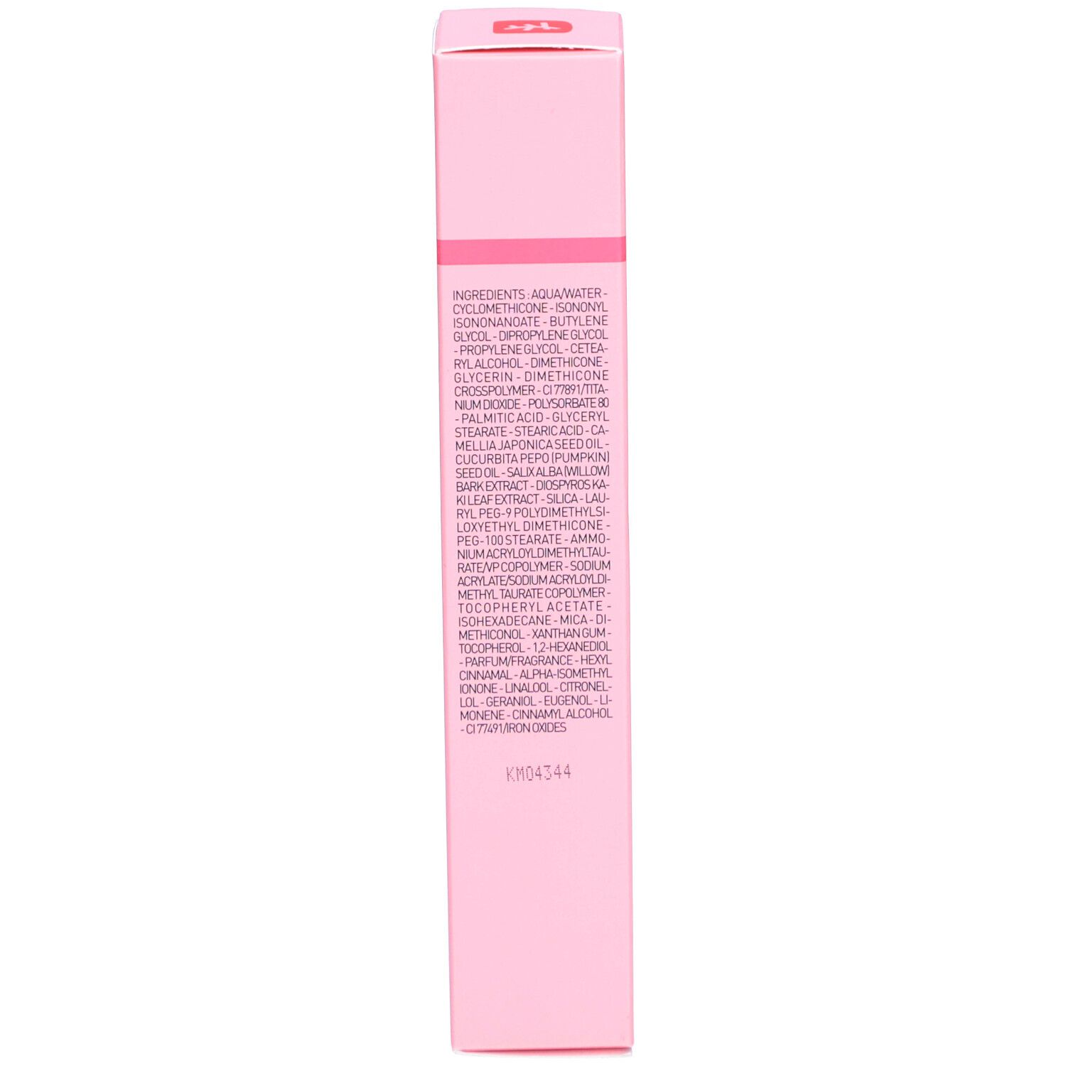 Rückseite einer rosa Schachtel. Text: Inhaltsstoffe. Produktinformationen.