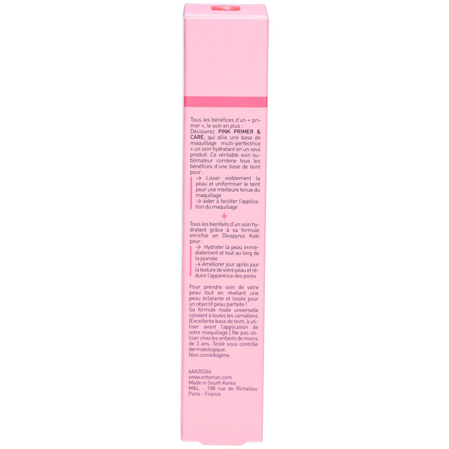 Rückseite einer rosa Schachtel. Text in mehreren Sprachen. Produktinformationen.