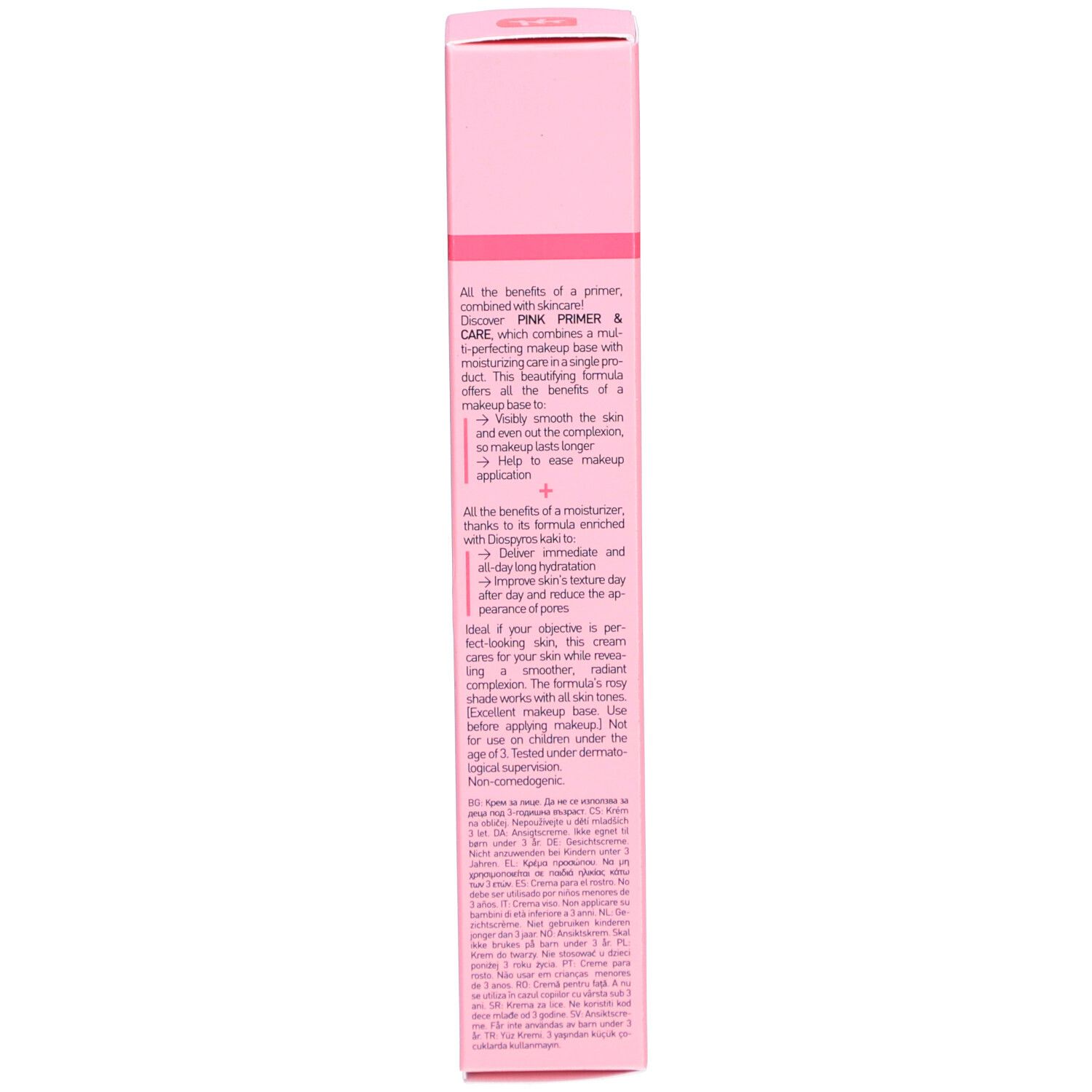 Rückseite einer rosa Schachtel. Text in mehreren Sprachen. Produktinformationen.