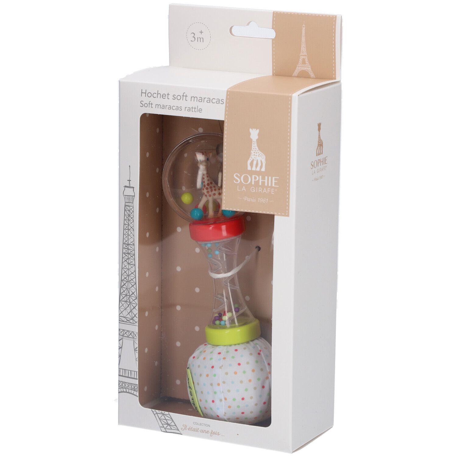 Maracas Rassel in Verpackung. Transparentes Gehäuse mit bunten Kugeln und Giraffe. Verpackung mit Produktnamen und Logo.