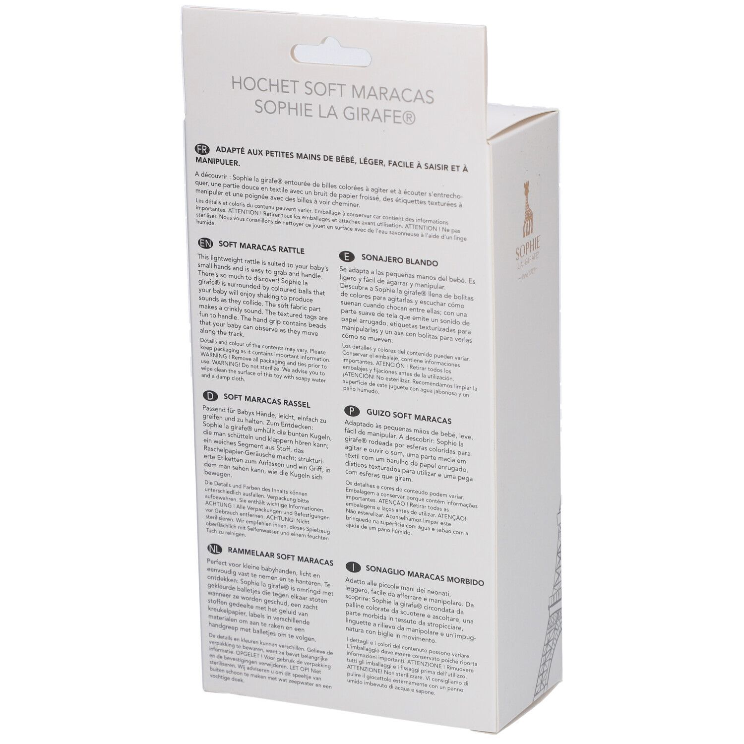 Rückseite der Verpackung. Text in mehreren Sprachen. Produktname und Logo. Informationen zum Produkt.