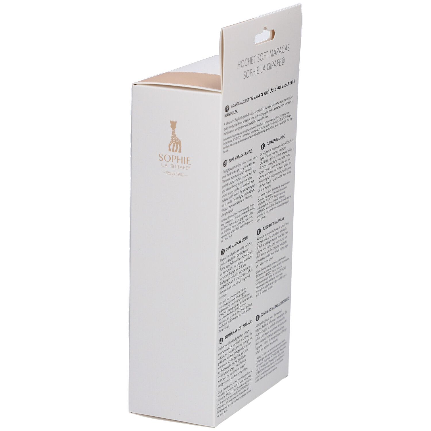 Seitenansicht der Verpackung. Produktname und Logo. Text in mehreren Sprachen. Informationen zum Produkt.