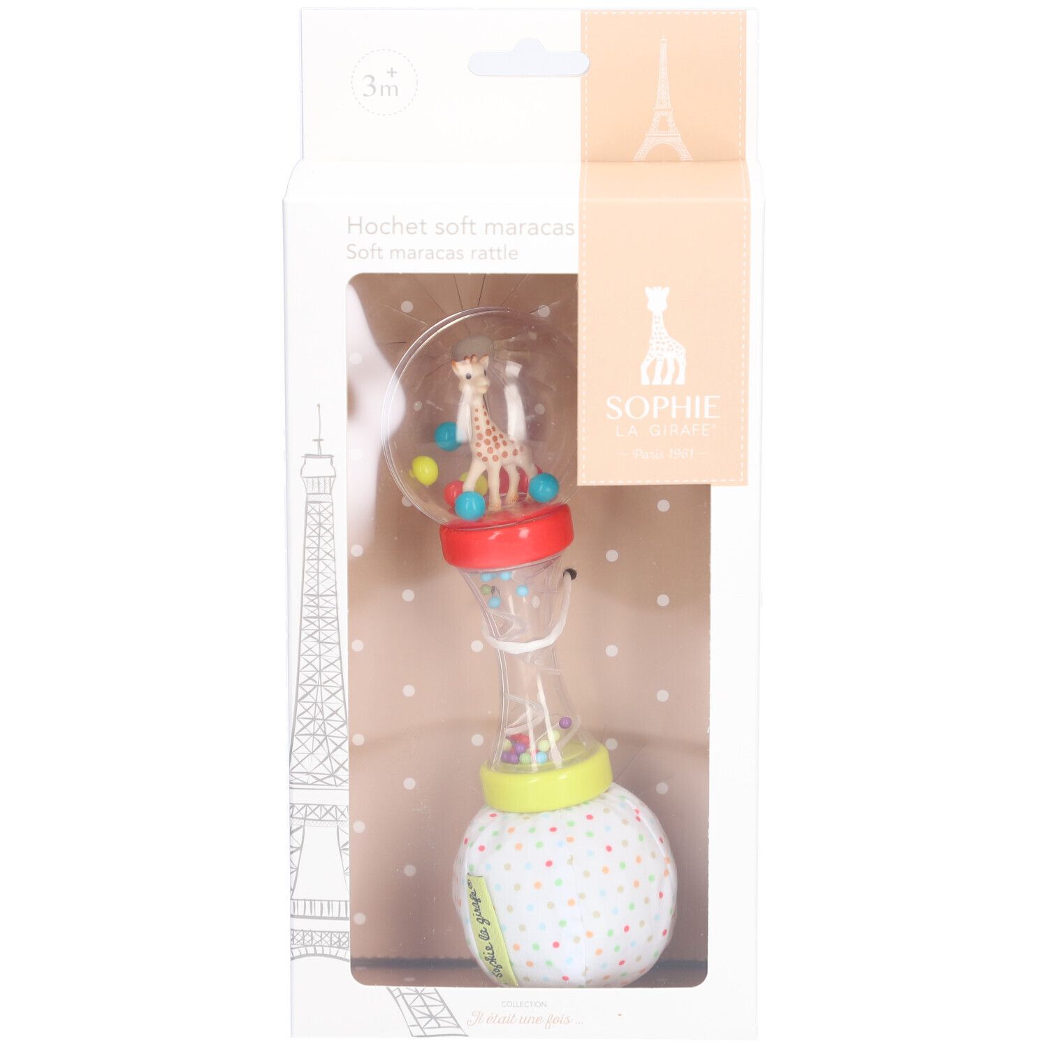Maracas Rassel in Verpackung. Transparentes Gehäuse mit bunten Kugeln und Giraffe. Verpackung mit Produktnamen und Logo.