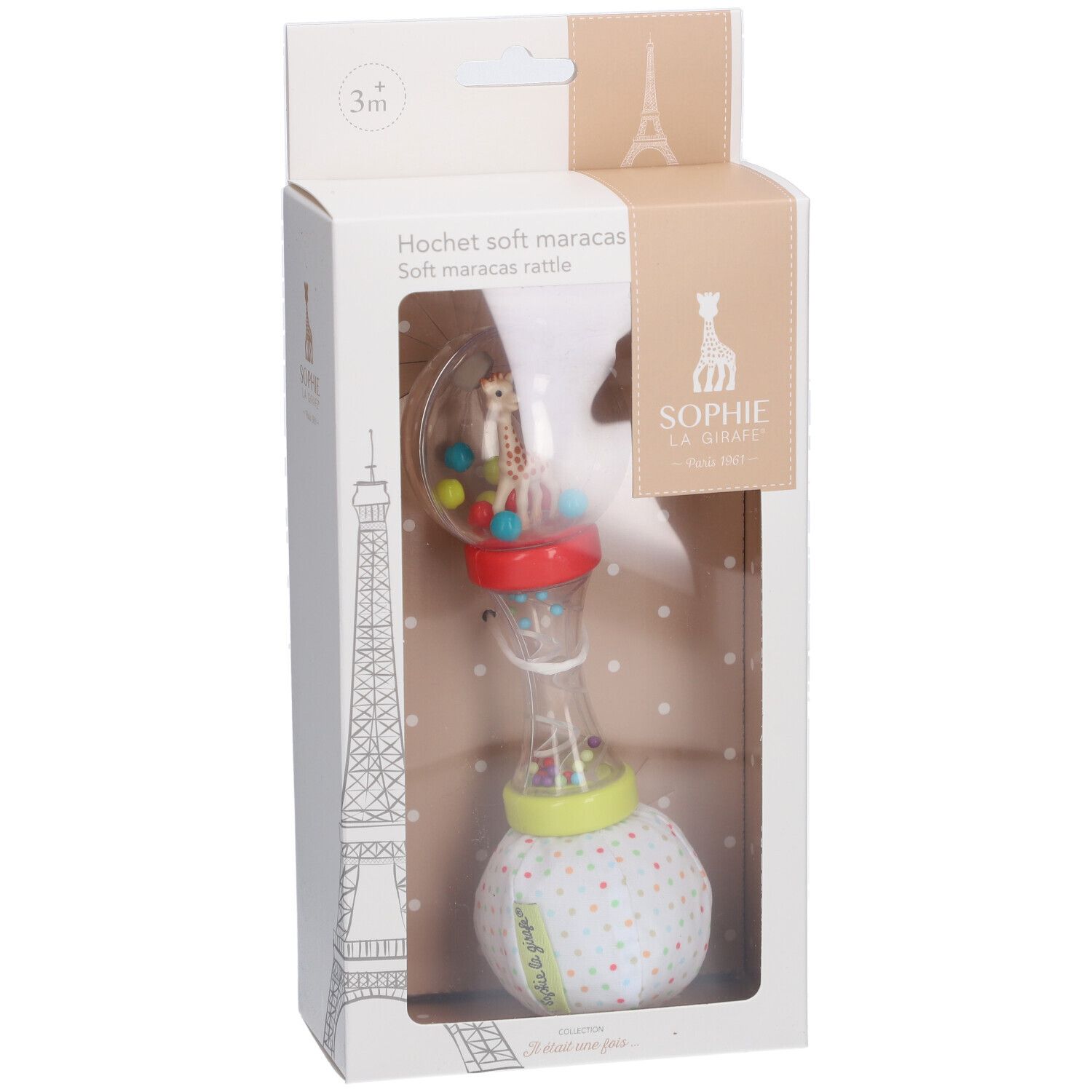 Maracas Rassel in Verpackung. Transparentes Gehäuse mit bunten Kugeln und Giraffe. Verpackung mit Produktnamen und Logo.