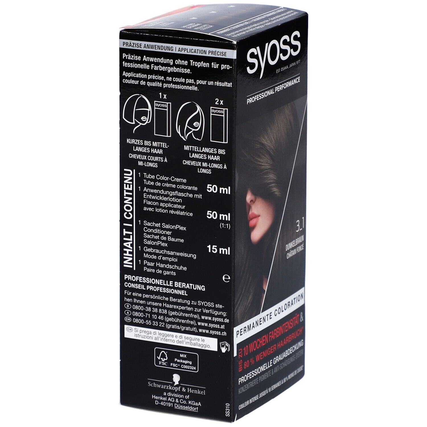 Rückseite der Syoss Haarfarben-Verpackung. Inhalt: Color-Creme, Anwendungsflasche, Salonplex-Conditioner, Gebrauchsanweisung, Handschuhe.