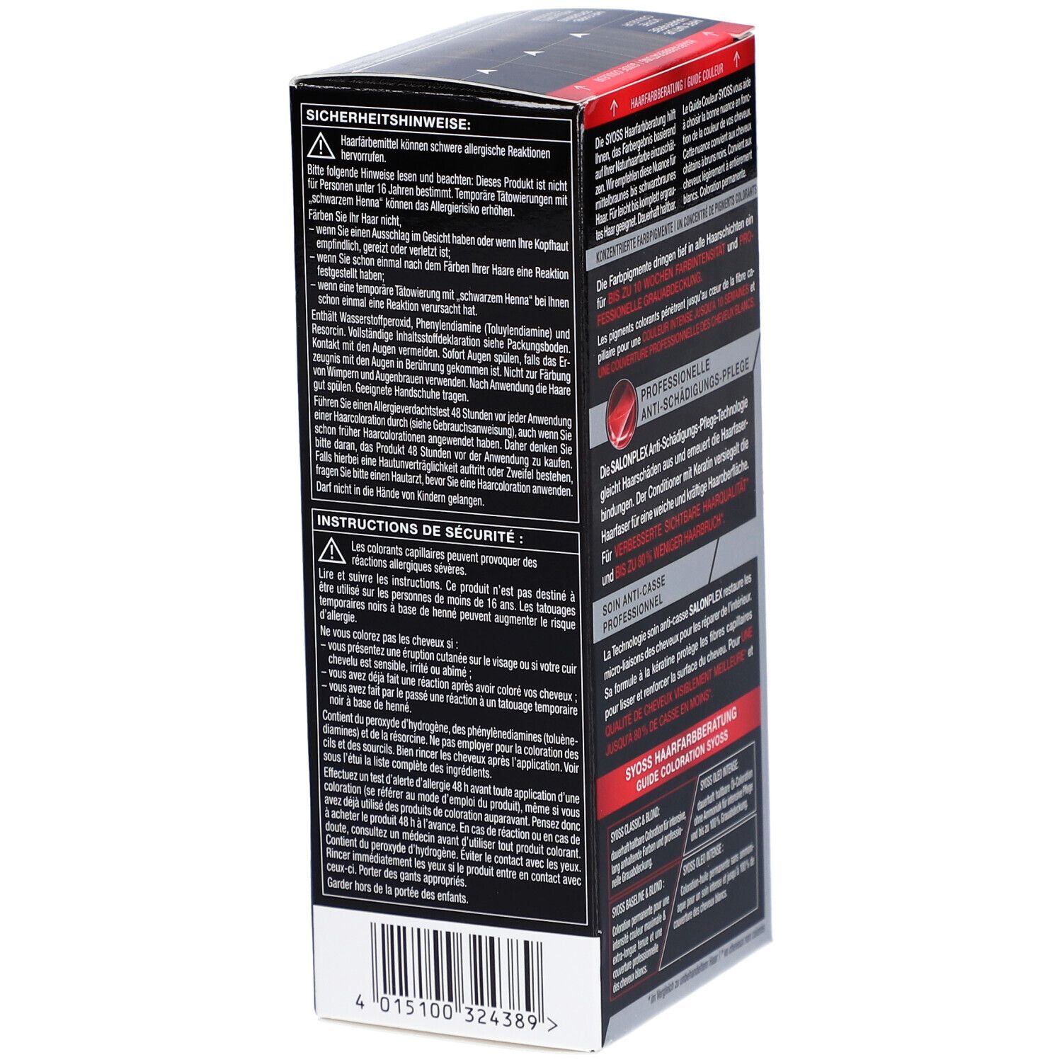 Seite der Syoss Haarfarben-Verpackung. Sicherheitshinweise und Gebrauchsanweisung.
