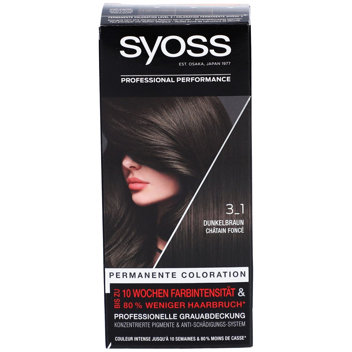 Vorderseite der Syoss Haarfarben-Verpackung. Aufdruck: 3.1 Dunkelbraun. Abbildung einer Frau mit dunklem Haar.