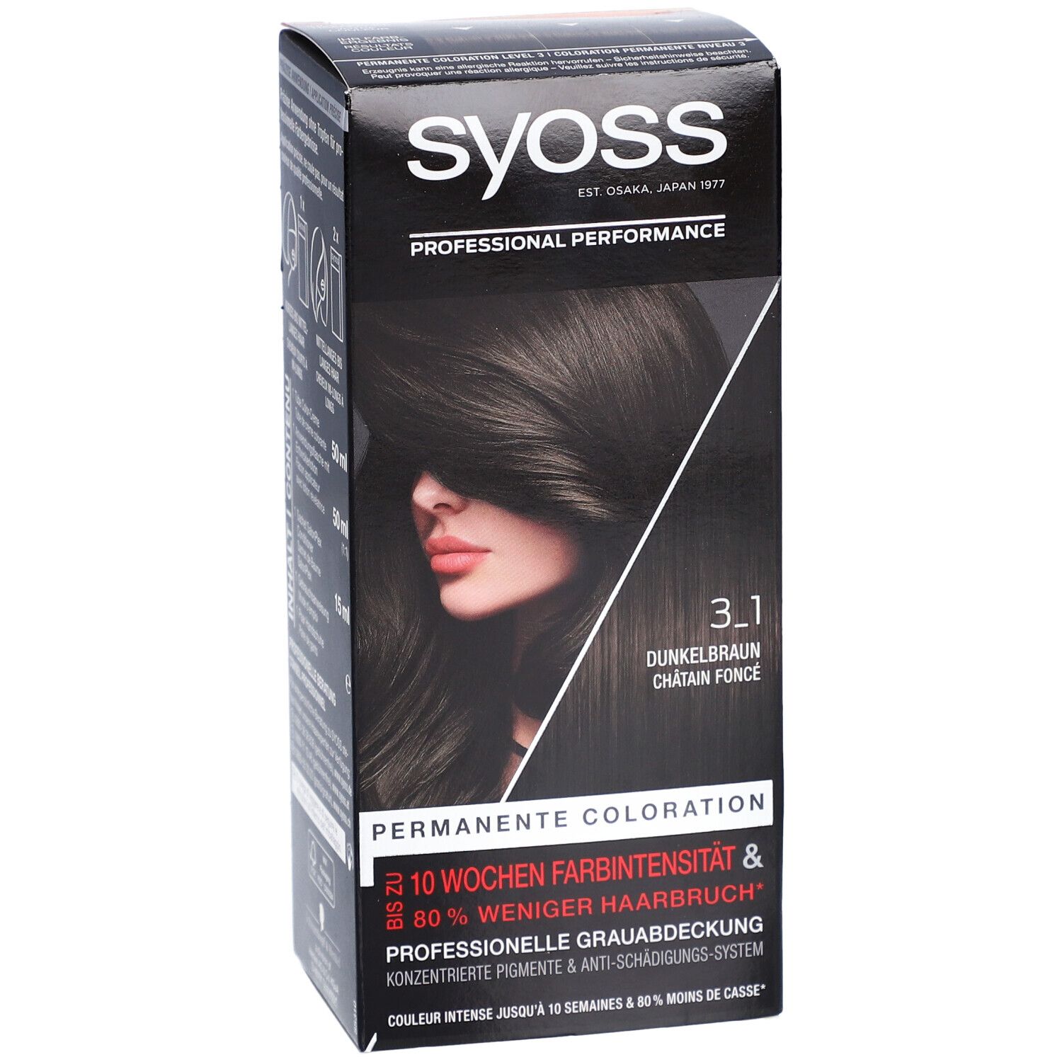Vorderseite der Syoss Haarfarben-Verpackung. Aufdruck: 3.1 Dunkelbraun. Abbildung einer Frau mit dunklem Haar.