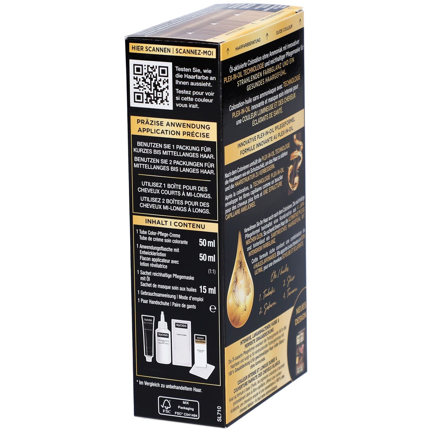 Côté de l'emballage SYOSS Oleo Intense 7-10. Code QR, instructions d'utilisation et contenu. Illustrations d'accessoires.