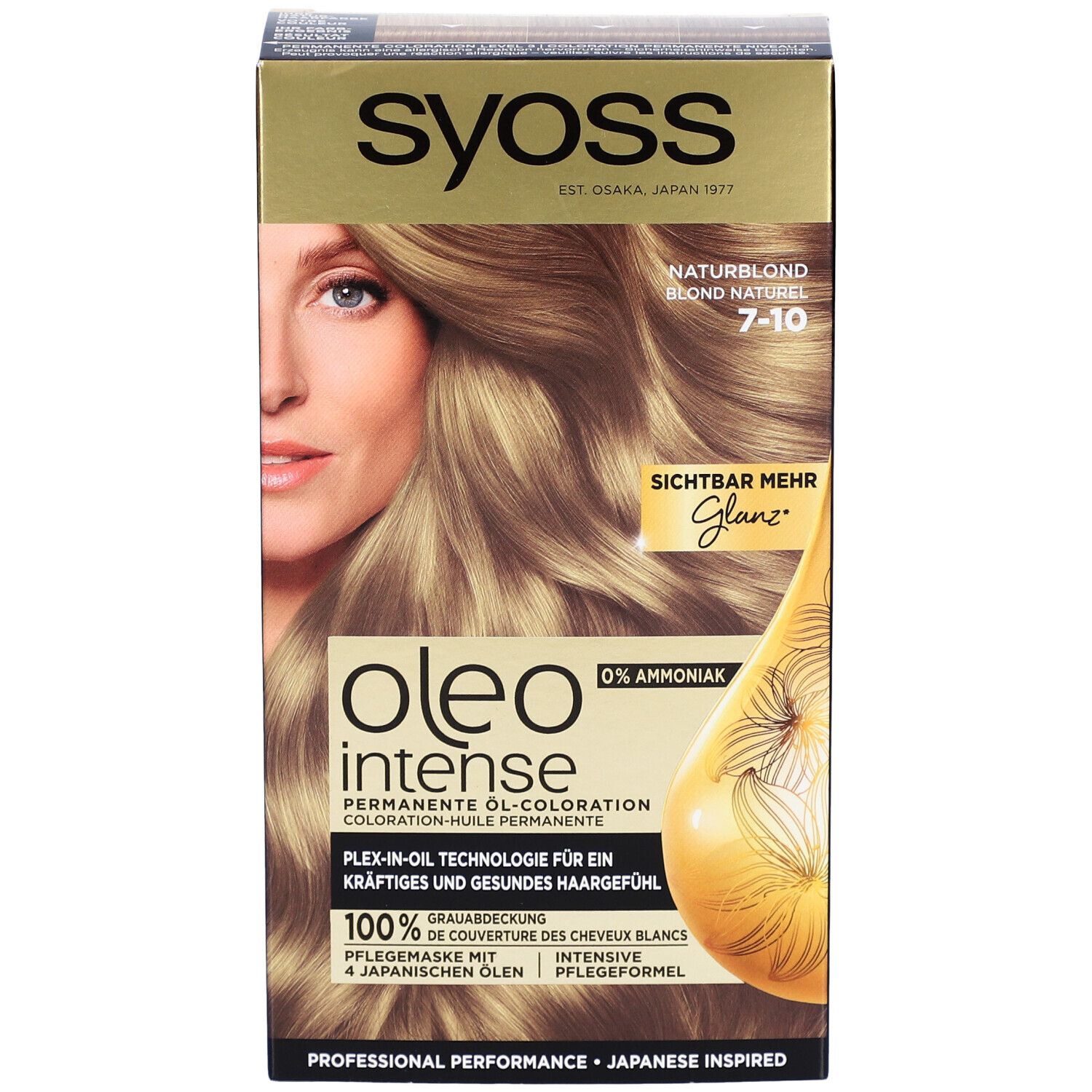 Face avant de l'emballage SYOSS Oleo Intense 7-10. Image du produit avec femme et couleur de cheveux. Texte : 0% ammoniaque.