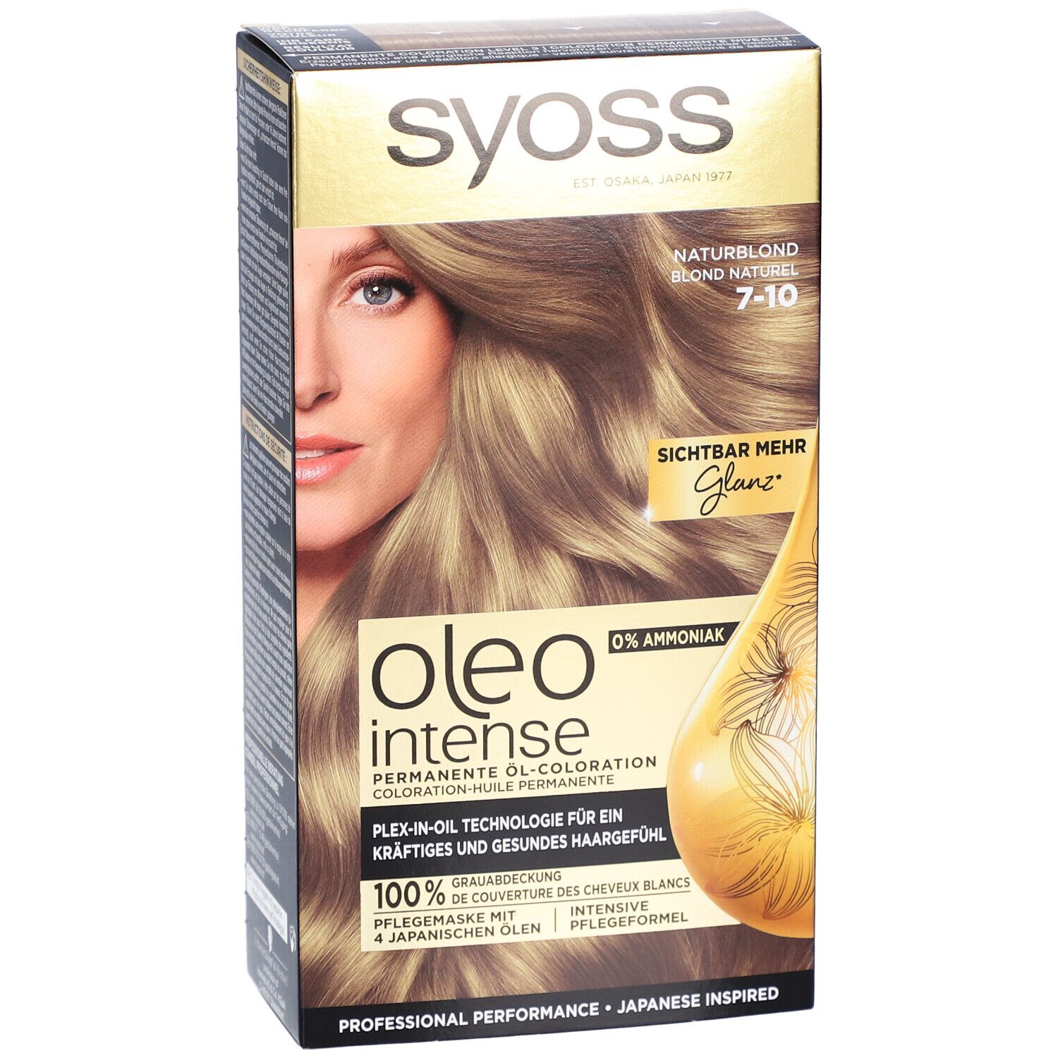 Face avant de l'emballage SYOSS Oleo Intense 7-10. Image du produit avec femme et couleur de cheveux. Texte : 0% ammoniaque, 100% couverture des gris.
