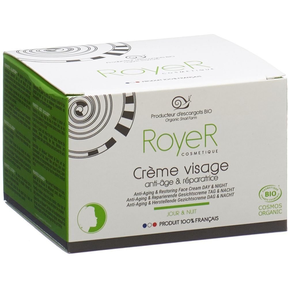 Weiße Schachtel mit grünen Akzenten. Aufschrift: Royer Cosmetique, Crème visage anti-âge & réparatrice. Bio-Zertifizierung.