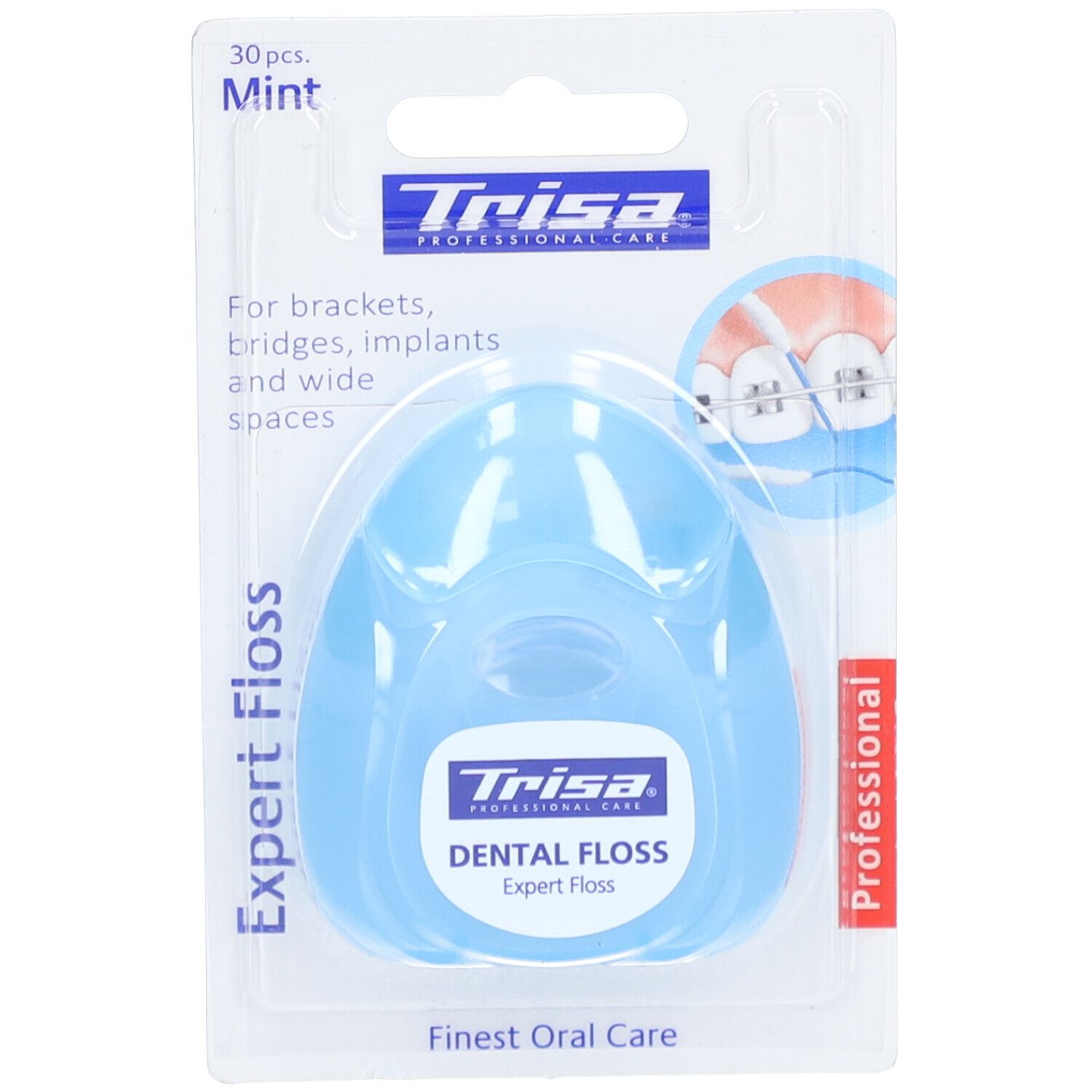 Hellblaue Zahnpfaden-Spenderpackung mit 30 Stück. Marke Trisa, Aufschrift Expert Floss, Mint. Für Zahnspangen und Implantate.
