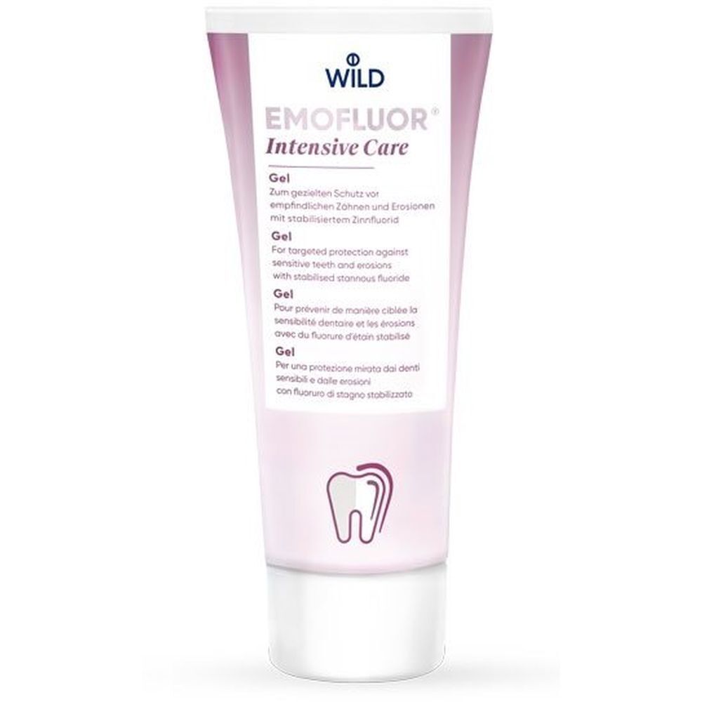 Zahncreme-Tube EMOFLUOR® Intensive Care. Weiß-rosa, Schriftzug, Zahnsymbol.