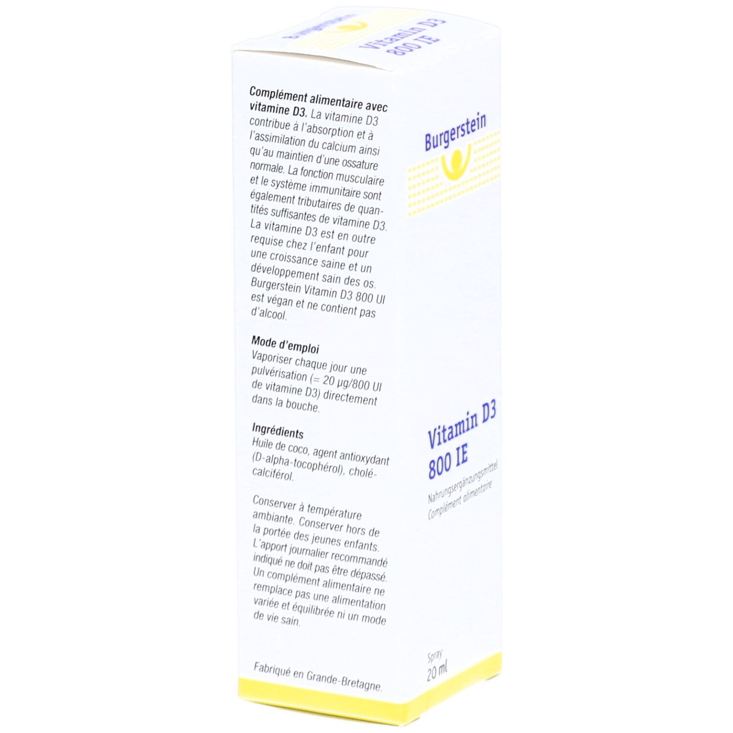 Rückseite der Burgerstein Vitamin D3 800 IE Spray-Packung. Text in Französisch. Vegan-Logo.