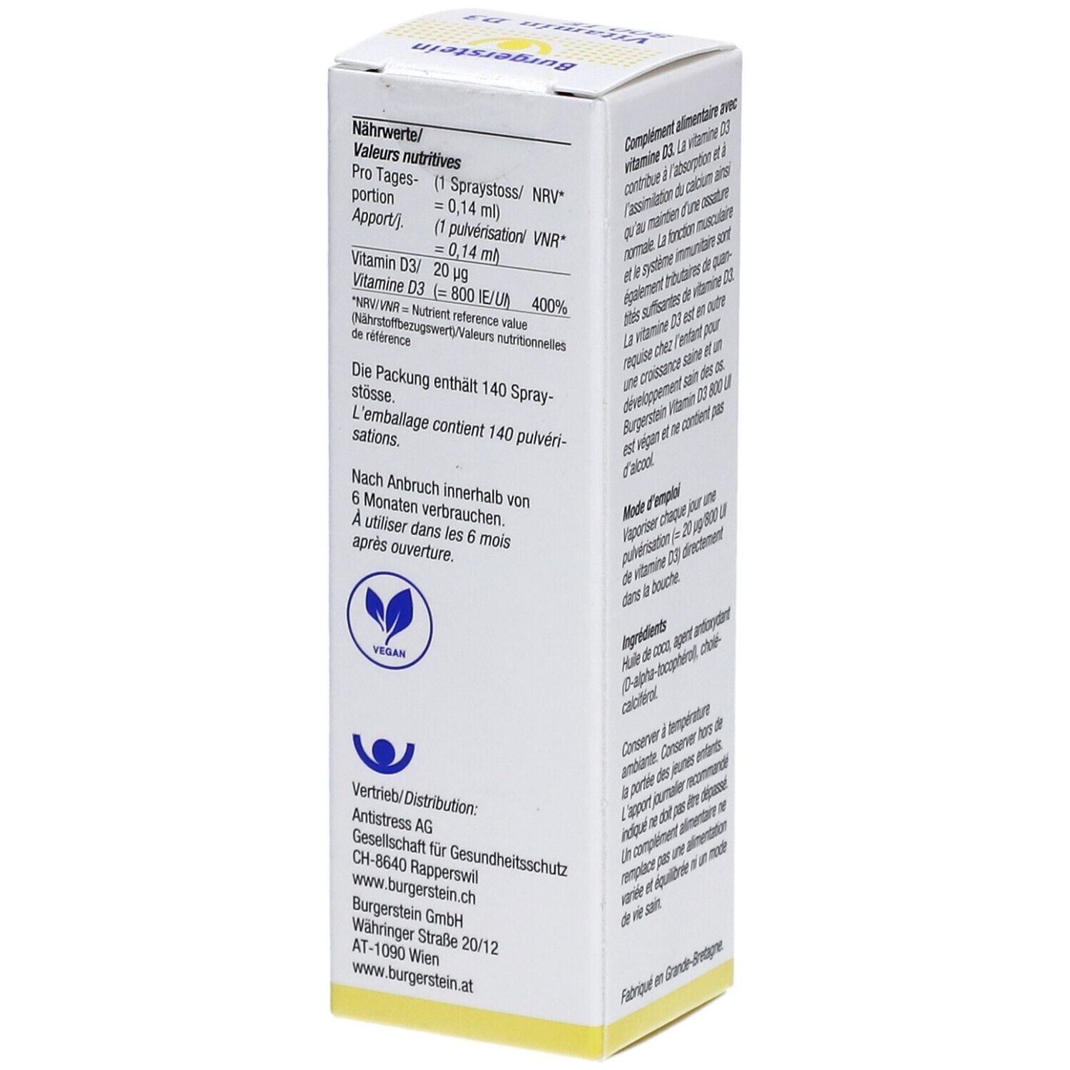 Seite der Burgerstein Vitamin D3 800 IE Spray-Packung. Enthält Nährwertangaben. Vegan-Logo. Herstelleradresse.