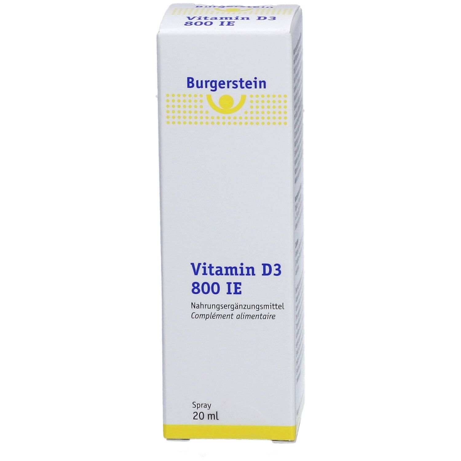Vorderseite der Burgerstein Vitamin D3 800 IE Spray-Packung. Enthält 20 ml. Aufschrift: Nahrungsergänzungsmittel.