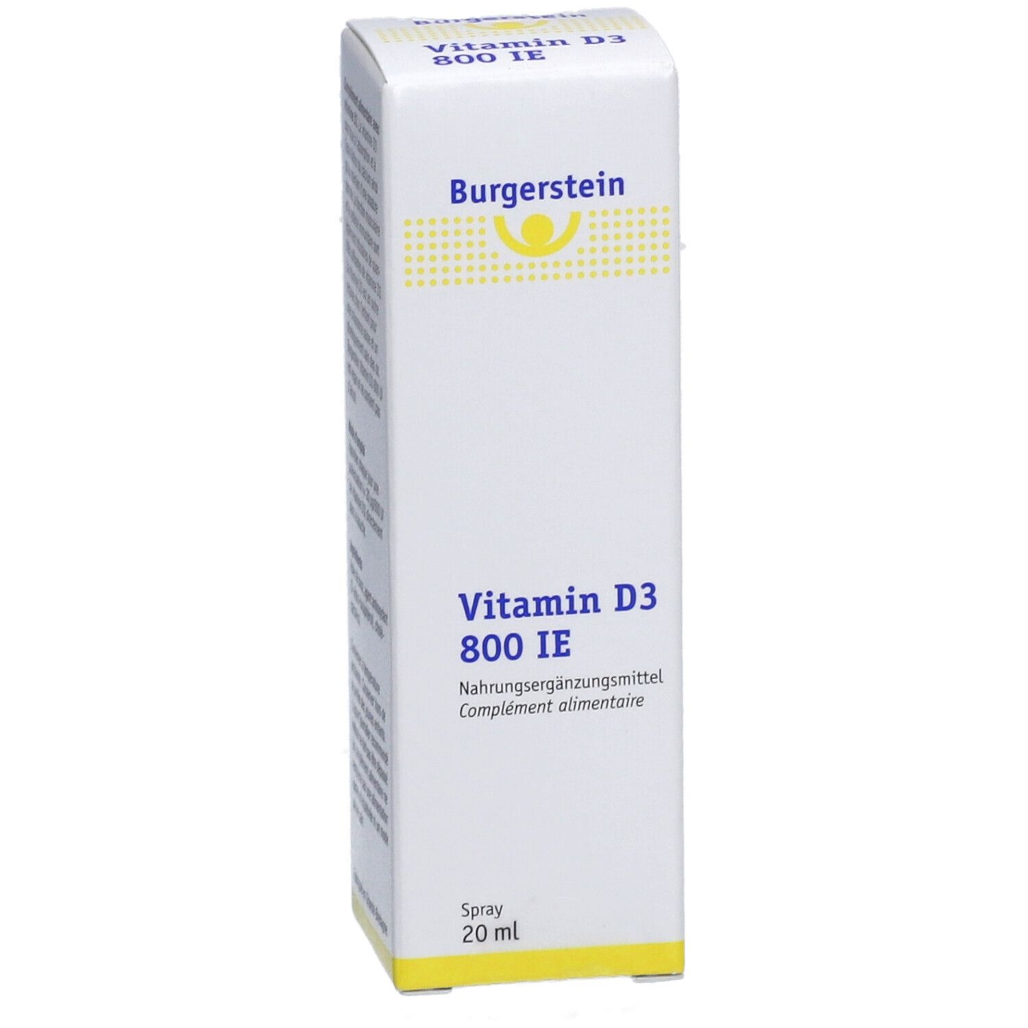 Vorderseite der Burgerstein Vitamin D3 800 IE Spray-Packung. Enthält 20 ml. Aufschrift: Nahrungsergänzungsmittel.