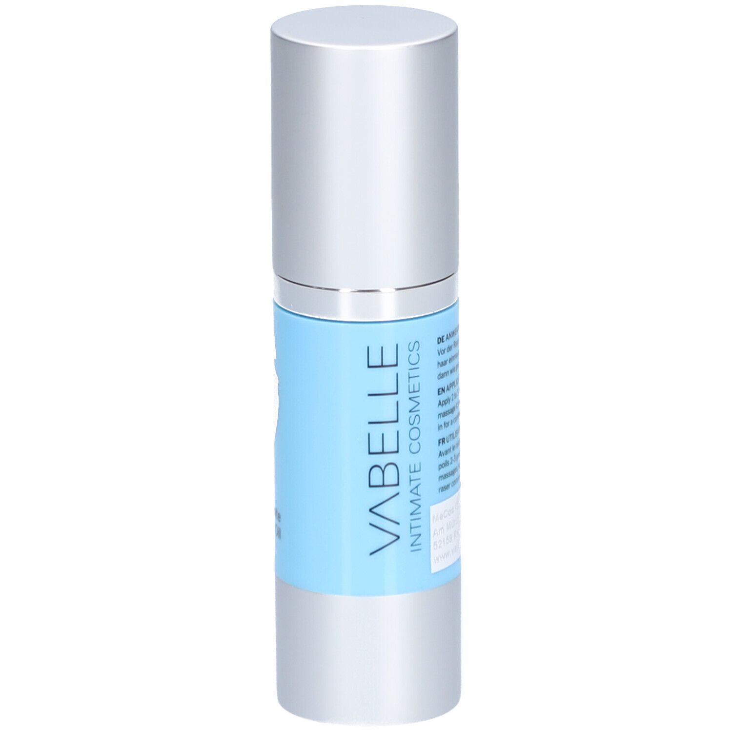 Zylindrische Flasche mit silbernem Deckel. Hellblauer Aufkleber mit Text und silberner Silhouette. Marke: VABELLE INTIMATE COSMETICS.