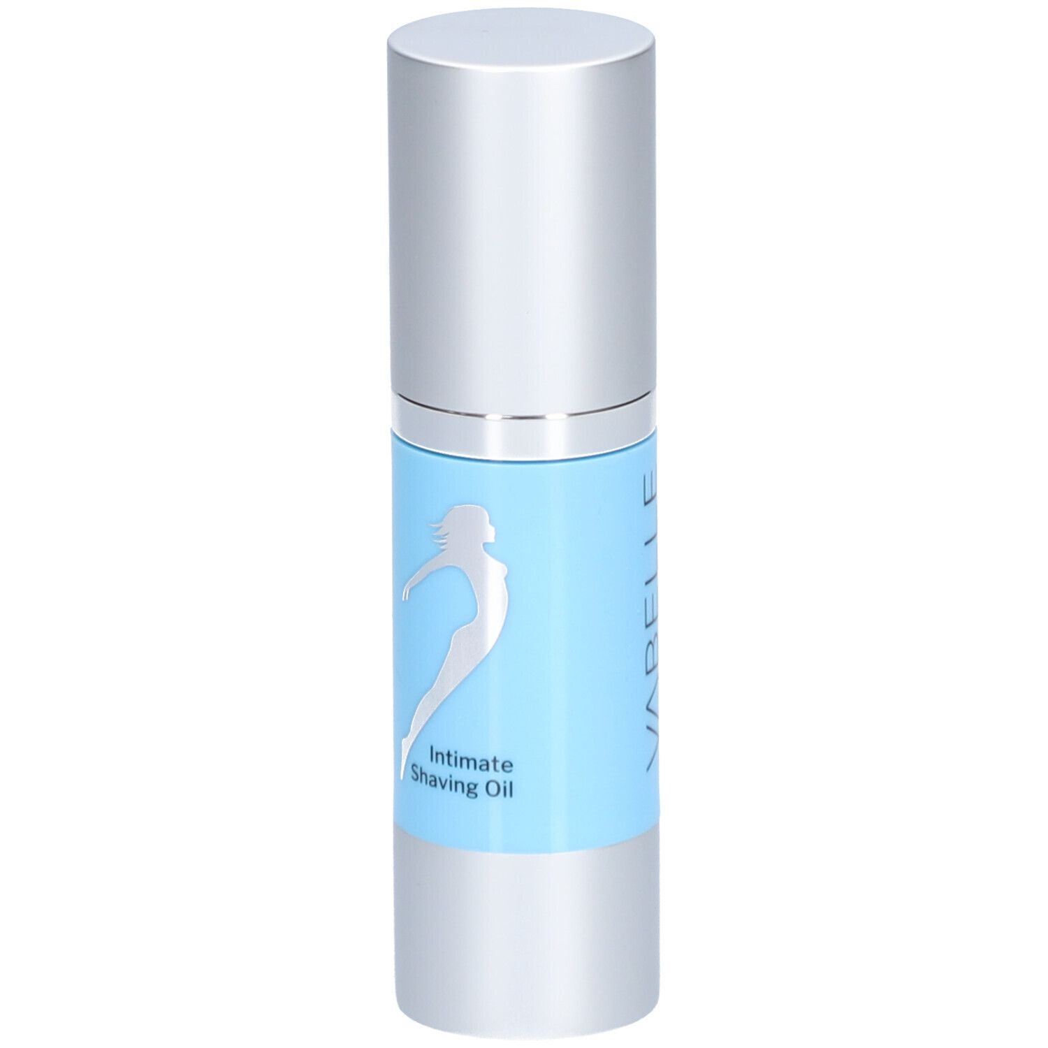 Zylindrische Flasche mit silbernem Deckel. Hellblauer Aufkleber mit silberner Silhouette und Schriftzug: Intimate Shaving Oil. Marke nicht sichtbar.