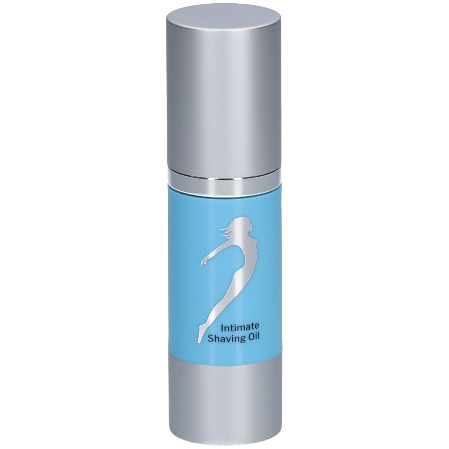 Zylindrische Flasche mit silbernem Deckel. Hellblauer Aufkleber mit silberner Silhouette und Schriftzug: Intimate Shaving Oil.