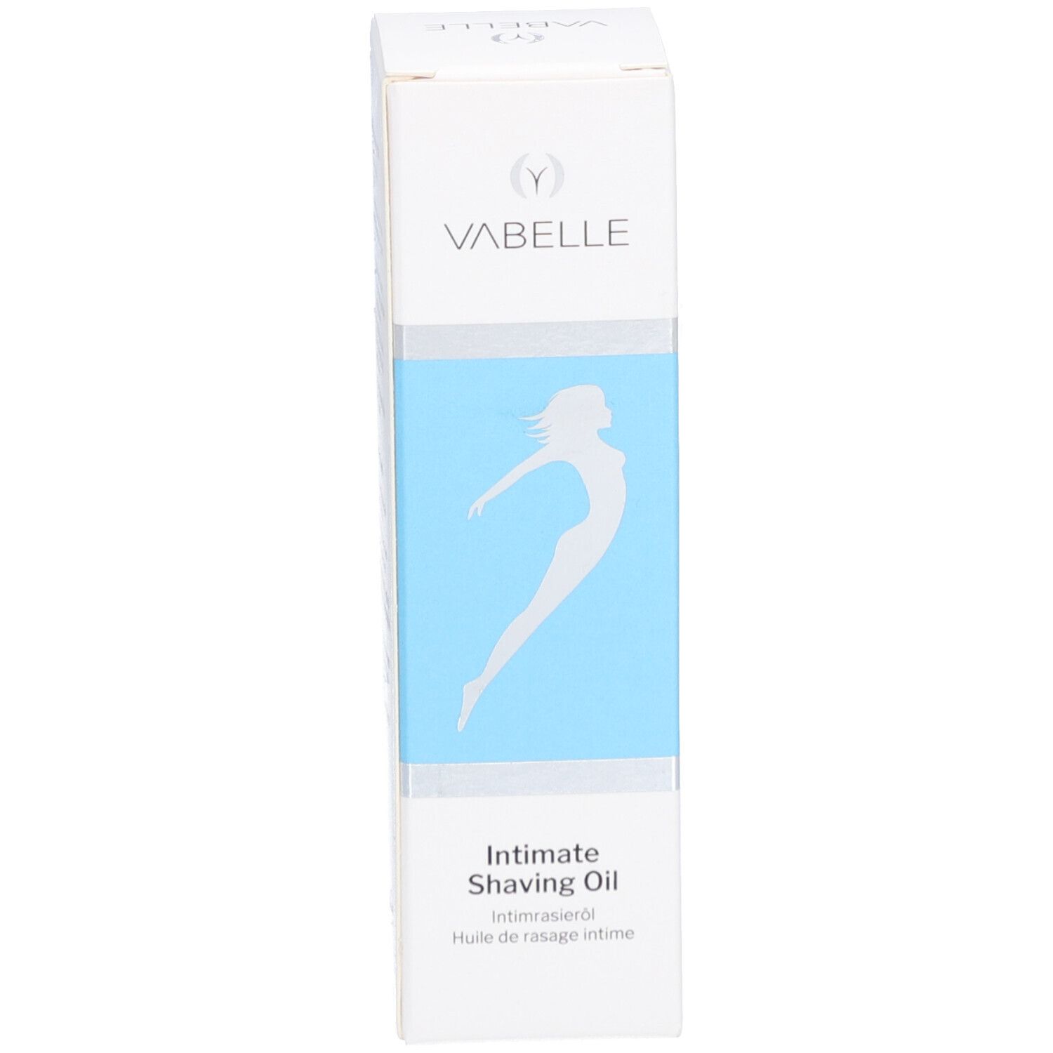 Produktverpackung. Weißer Karton mit Logo, silbernem Streifen und Produktnamen: Intimate Shaving Oil.