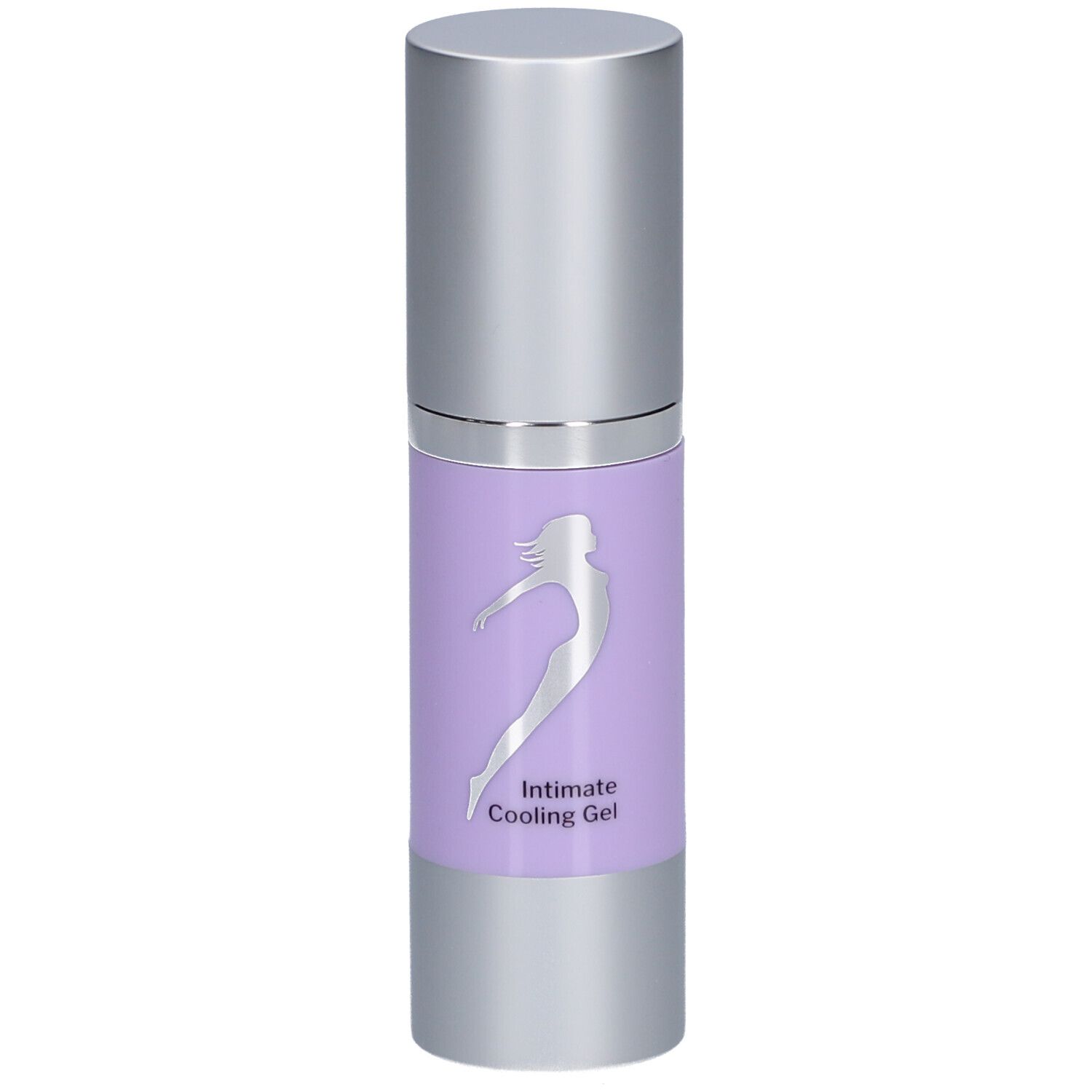 Zylindrische Flasche mit silbernem Deckel. Auf lila Etikett: Silhouette, Intimate Cooling Gel.