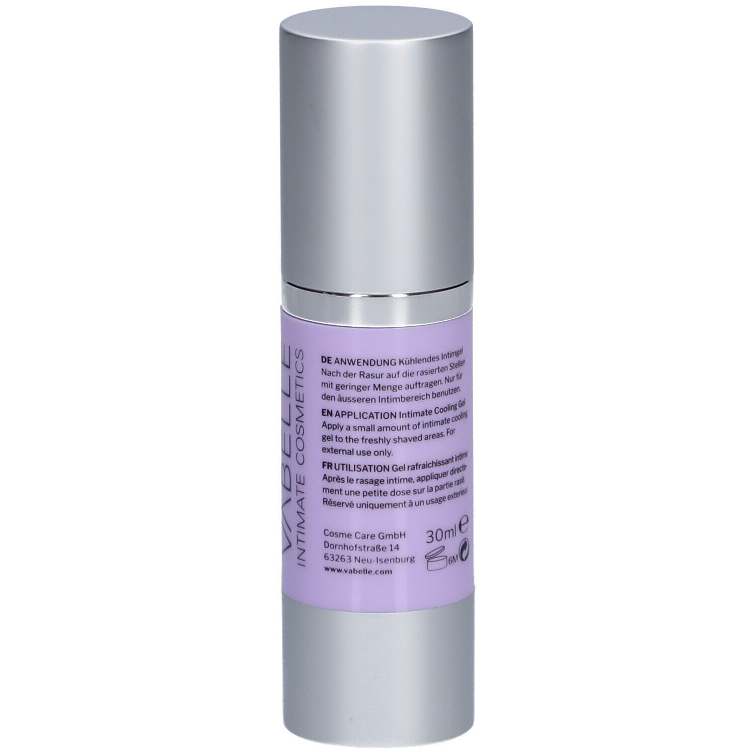 Flasche mit Text auf lila Etikett. Text in Deutsch, Englisch und Französisch. 30ml.