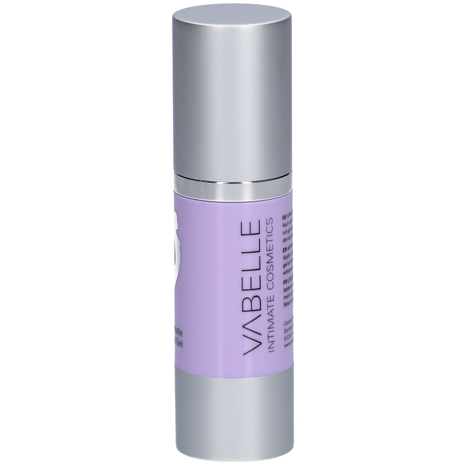 Flasche mit Text auf lila Etikett. VABELLE Intimate Cosmetics. 30ml.