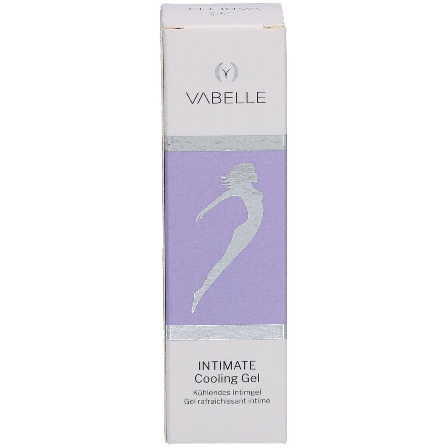 Weiße Schachtel mit lila Etikett. VABELLE Logo. Text: Intimate Cooling Gel.