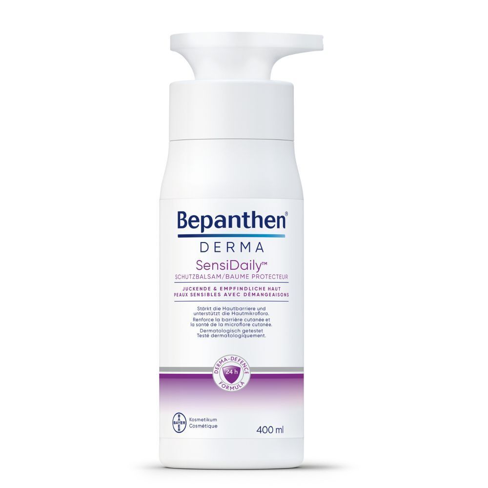 Weiße Flasche mit Pumpe. Aufschrift: Bepanthen DERMA SensiDaily. 400 ml. Schutzbalsam für juckende Haut.