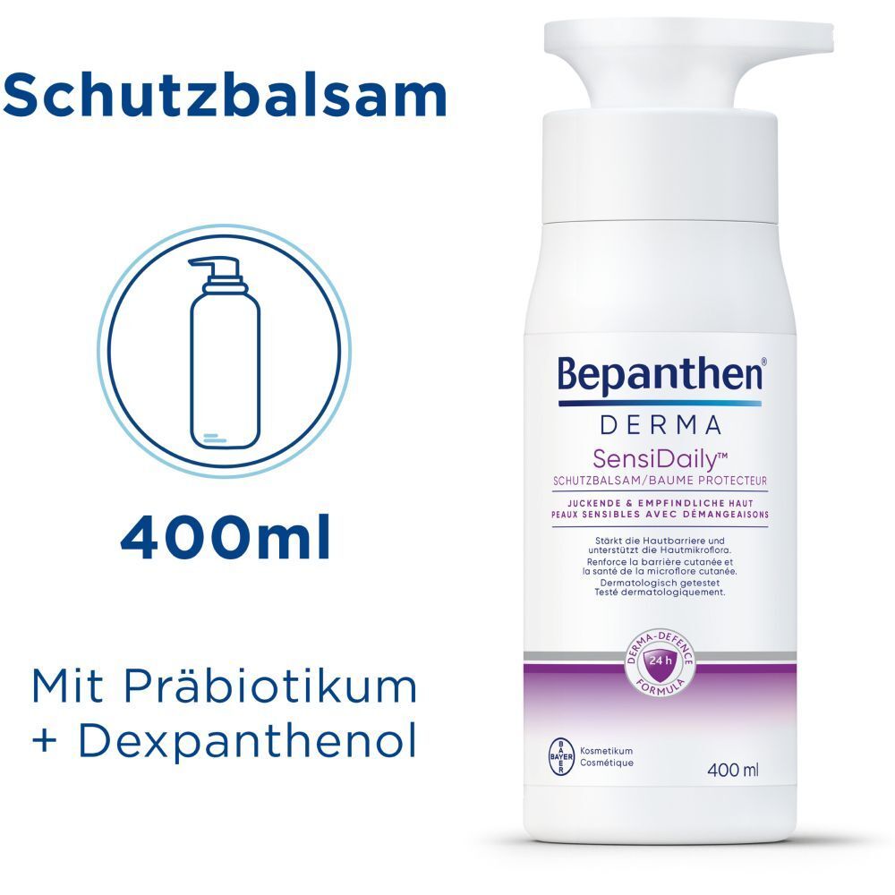 Produktabbildung mit Text: Schutzbalsam, 400ml, Mit Präbiotikum + Dexpanthenol. Flasche mit Pumpe.