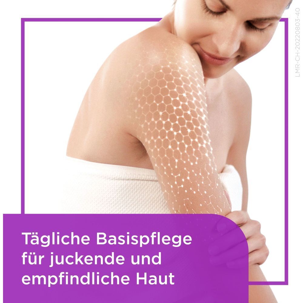 Frau mit Arm. Text: Tägliche Basispflege für juckende und empfindliche Haut. Haut mit grafischem Muster.