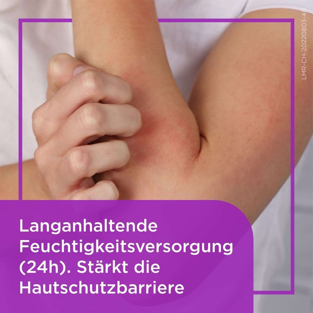 Arm mit Hautausschlag. Text: Langanhaltende Feuchtigkeitsversorgung (24h). Stärkt die Hautschutzbarriere.