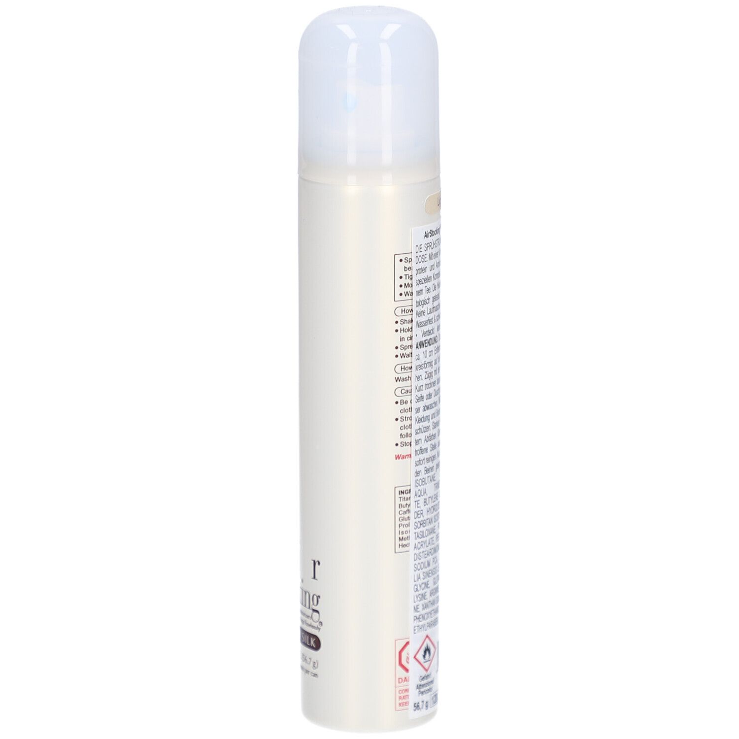 Beige Spraydose mit weißem Deckel. Text: AIR STOCKING PREMIER SILK. Aufschrift und Inhaltsangaben.