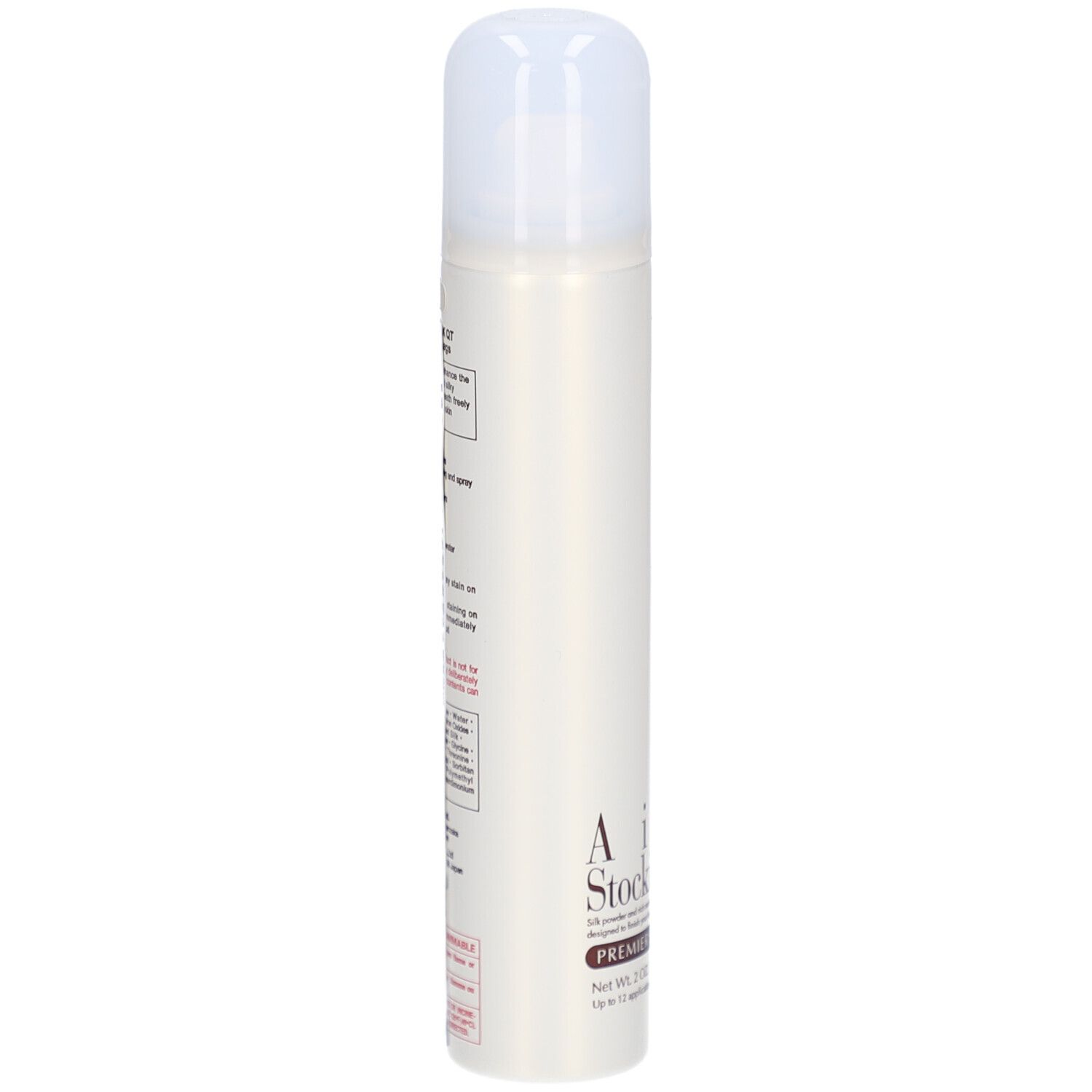 Beige Spraydose mit weißem Deckel. Text: AIR STOCKING PREMIER SILK. Aufschrift und Inhaltsangaben.
