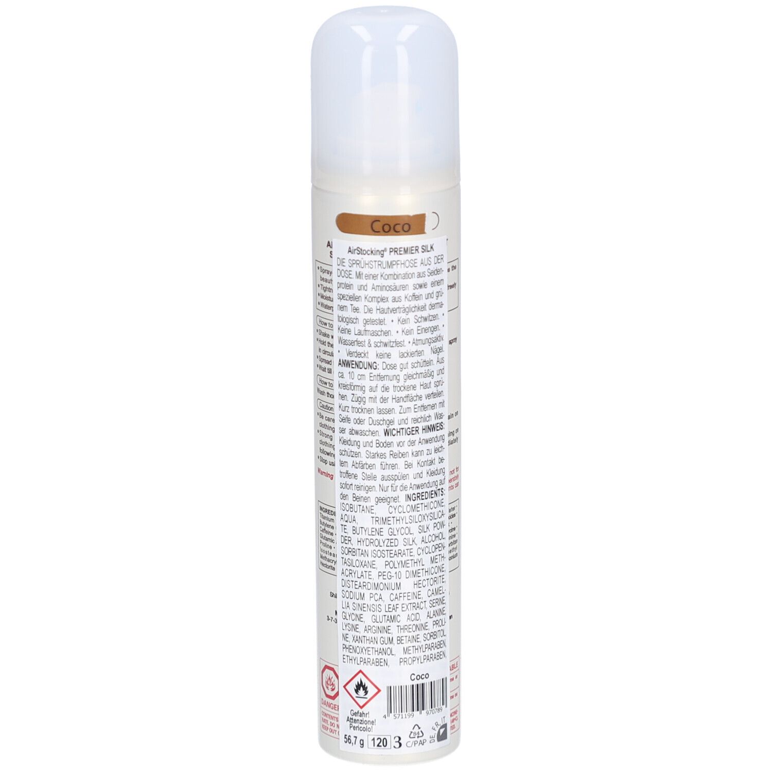 Rückseite der Dose. Text in mehreren Sprachen. Aufschrift: Air Stocking Premier Silk. Inhaltsstoffe. Warnhinweise.