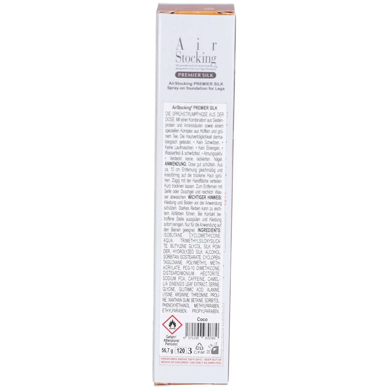 Rückseite der Verpackung. Text in mehreren Sprachen. Aufschrift: Air Stocking Premier Silk. Inhaltsstoffe. Warnhinweise.