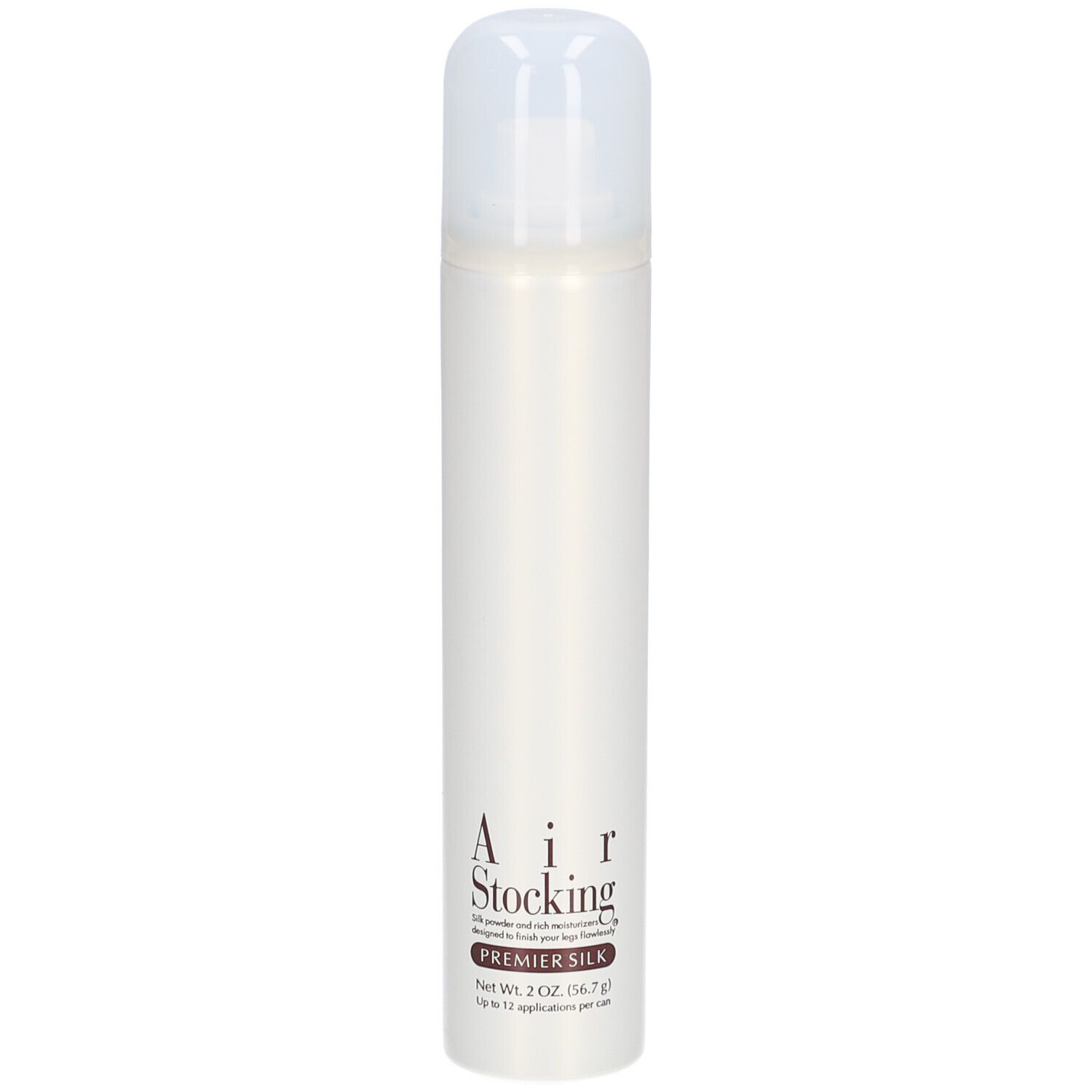 Aerosol-Sprühdose. Weißer Behälter mit weißem Deckel. Aufschrift: Air Stocking Premier Silk. Net Wt. 2 OZ. (56.7 g).