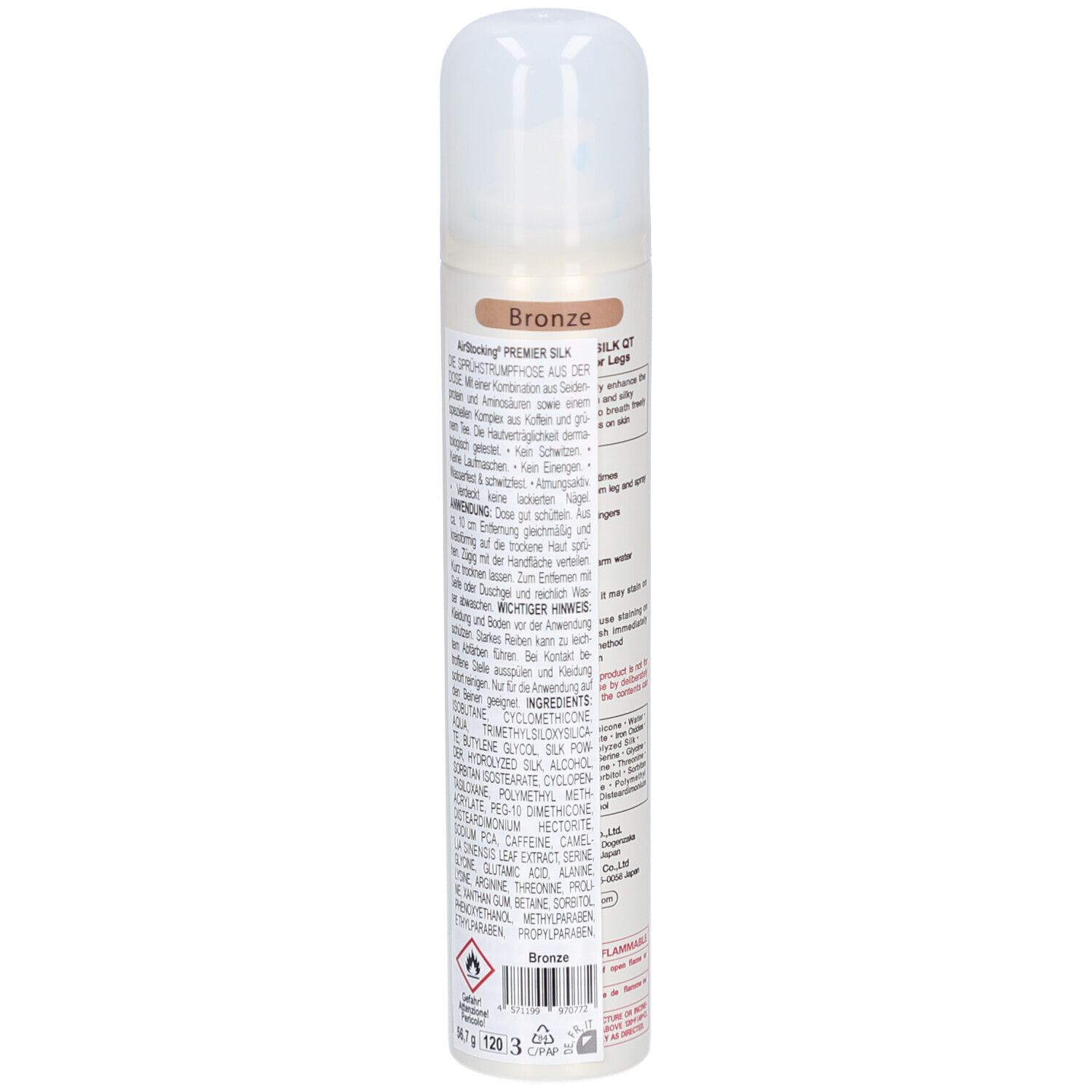 Rückseite der Sprühdose. Text in mehreren Sprachen. Aufschrift: Air Stocking Premier Silk. Inhaltsstoffe. Warnhinweise. Farbe: Bronze.