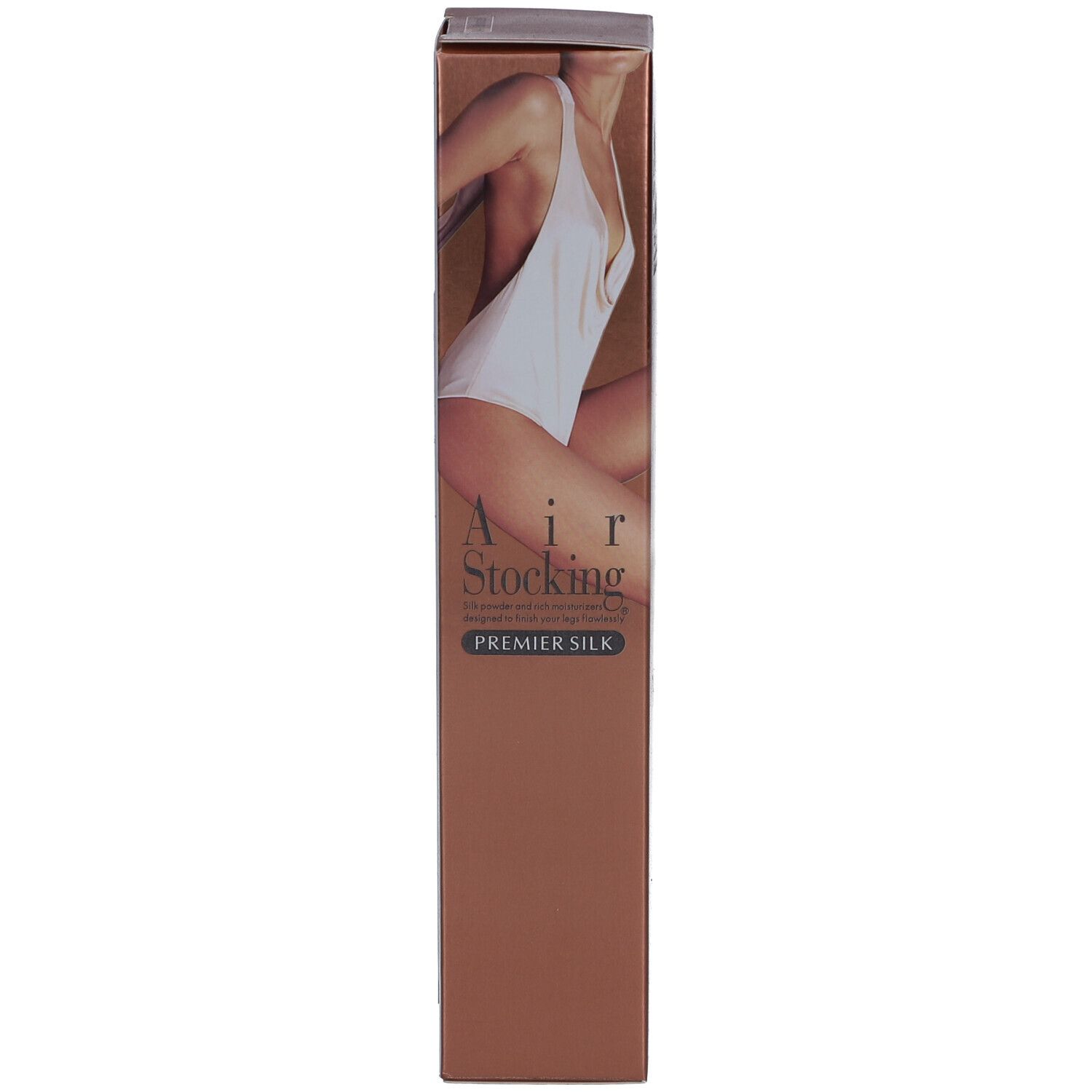 Karton. Aufschrift: Air Stocking Premier Silk. Abbildung: Frau in Badeanzug. Farbe: Bronze.