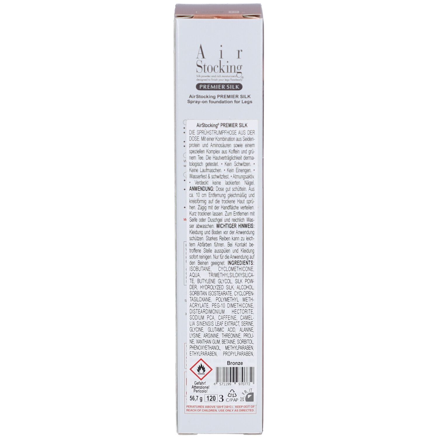 Karton. Aufschrift: Air Stocking Premier Silk. Text in mehreren Sprachen. Inhaltsstoffe. Farbe: Bronze.